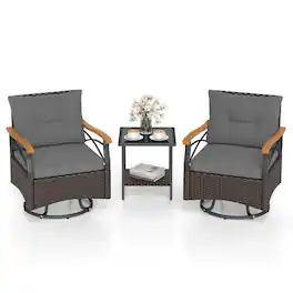 Costway - 3 PCS Outdoor Swivel Chair Set with 2-Tier Tempered Glass Side Table Cushions - Gray