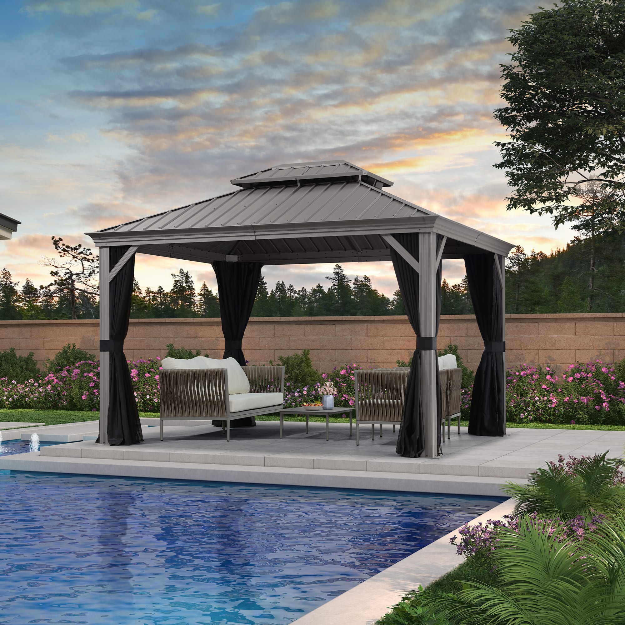 Front. PURPLE LEAF - 10' X 12' Light Gray Aluminum Power-Coated Frame Galvanized Steel Double Roof Hardtop Gazebo,Hooks Netting Curtain - 10' X 12'.