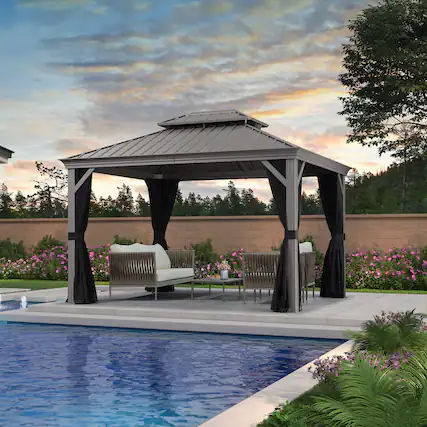 Front. PURPLE LEAF - 10' X 12' Light Gray Aluminum Power-Coated Frame Galvanized Steel Double Roof Hardtop Gazebo,Hooks Netting Curtain - 10' X 12'.