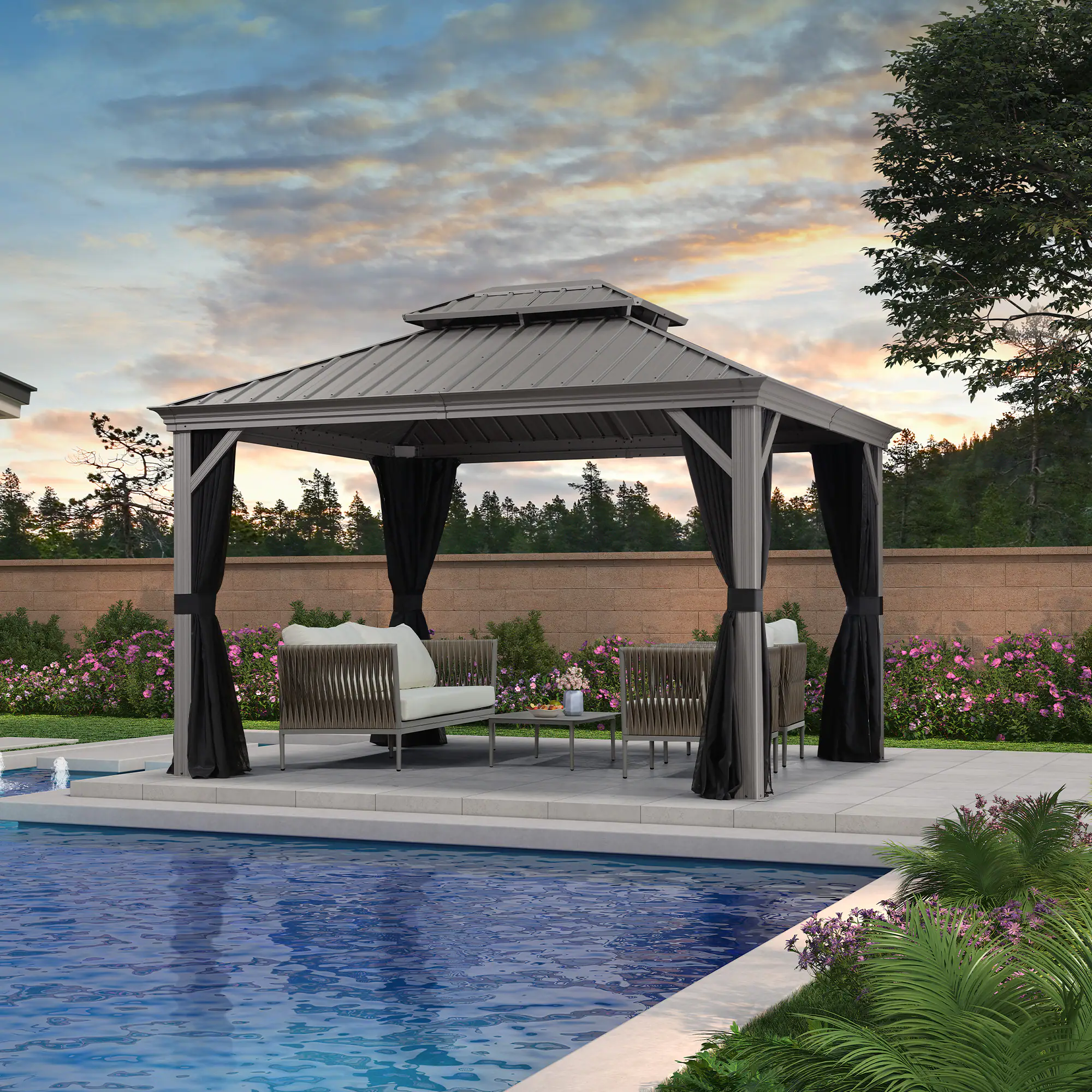 PURPLE LEAF - Light Gray Aluminum Power-Coated Frame Galvanized Steel Double Roof Hardtop Gazebo,Hooks Netting Curtain - 10' X 12'