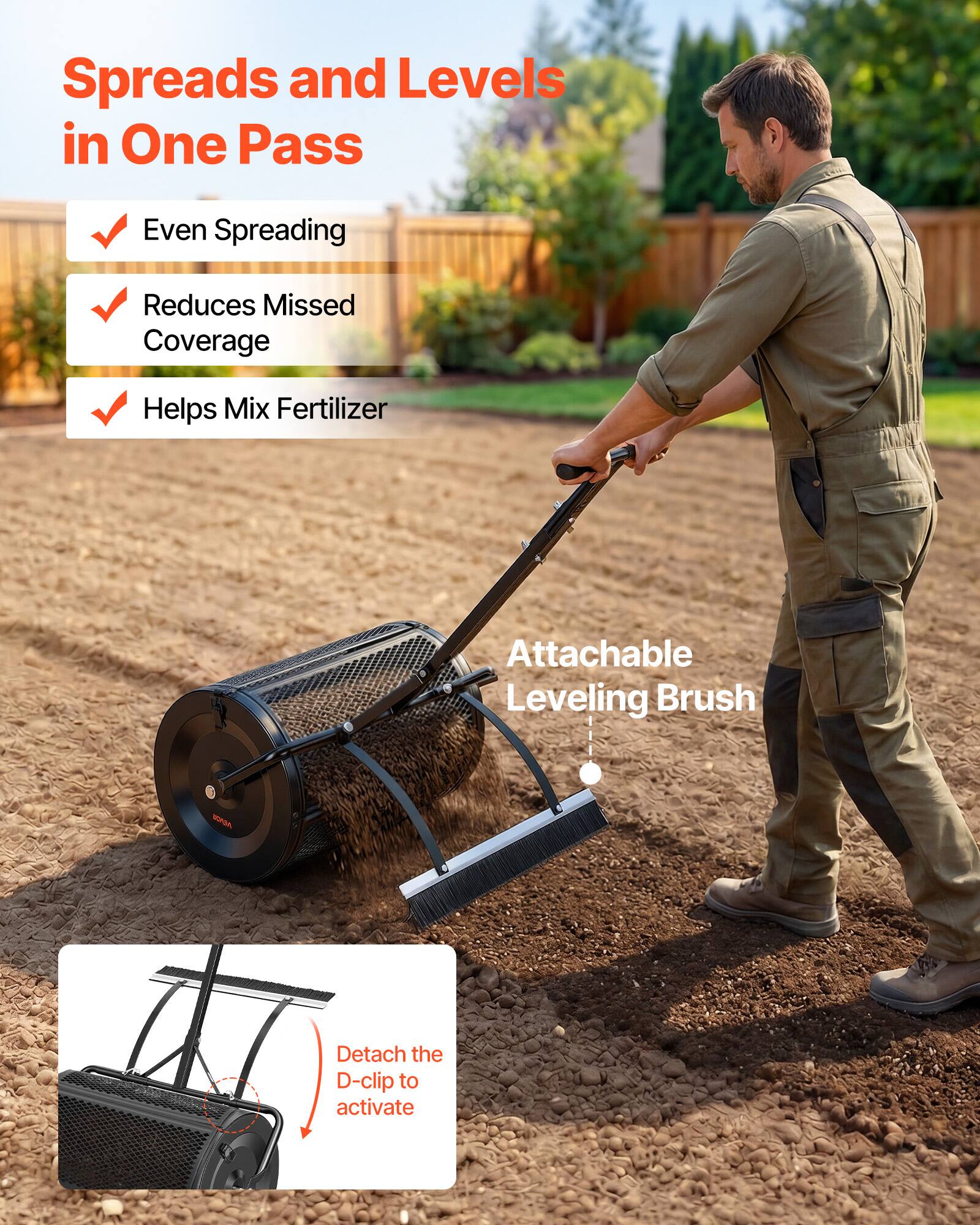 Spreads and Levels in One Pass

- Even Spreading
- Reduces Missed Coverage
- Helps Mix Fertilizer

Attachable Leveling Brush

Detach the D-clip to activate