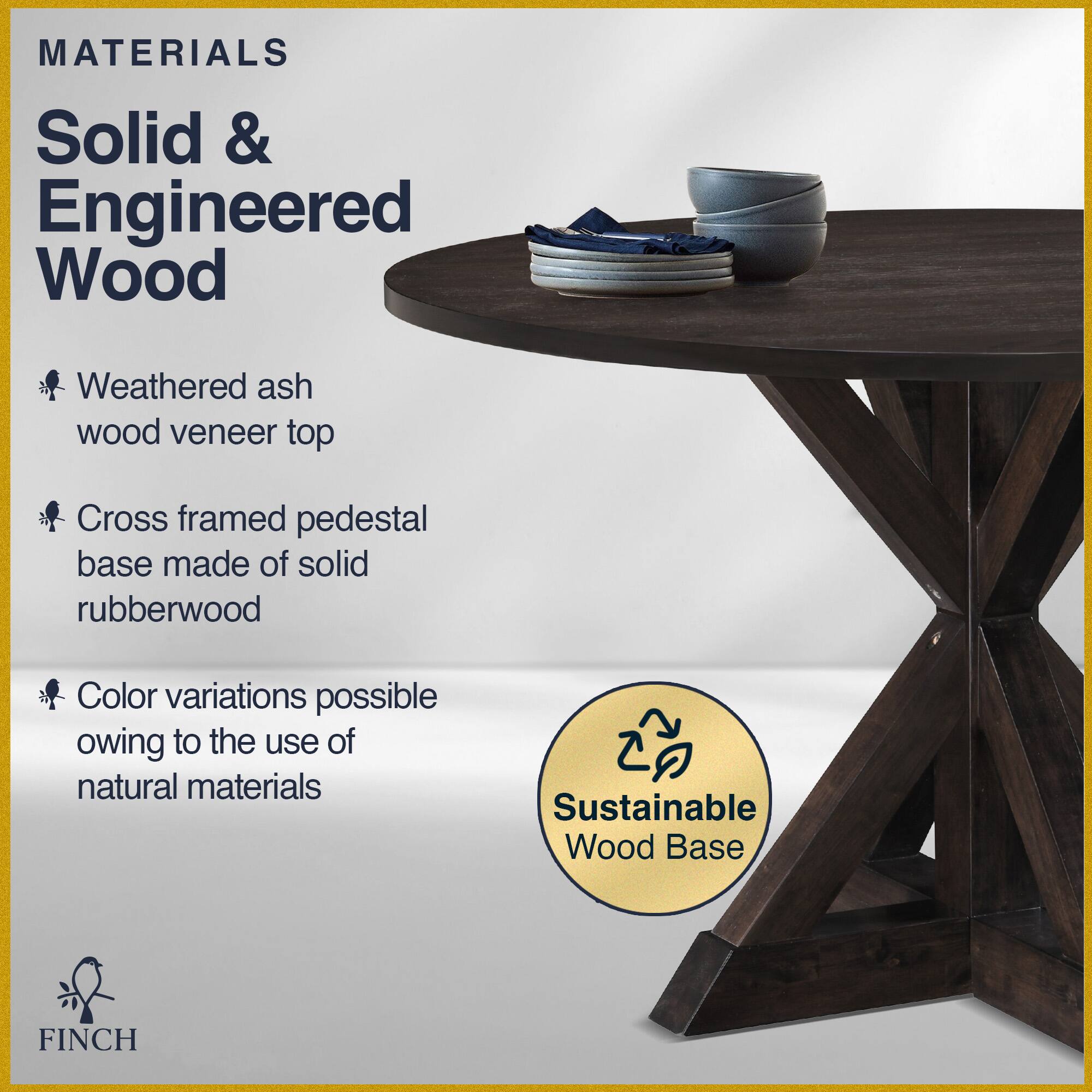 Left. Finch - Alfred Round Modern Farmhouse Rubberwood Table - Rustin Dark Brown.
