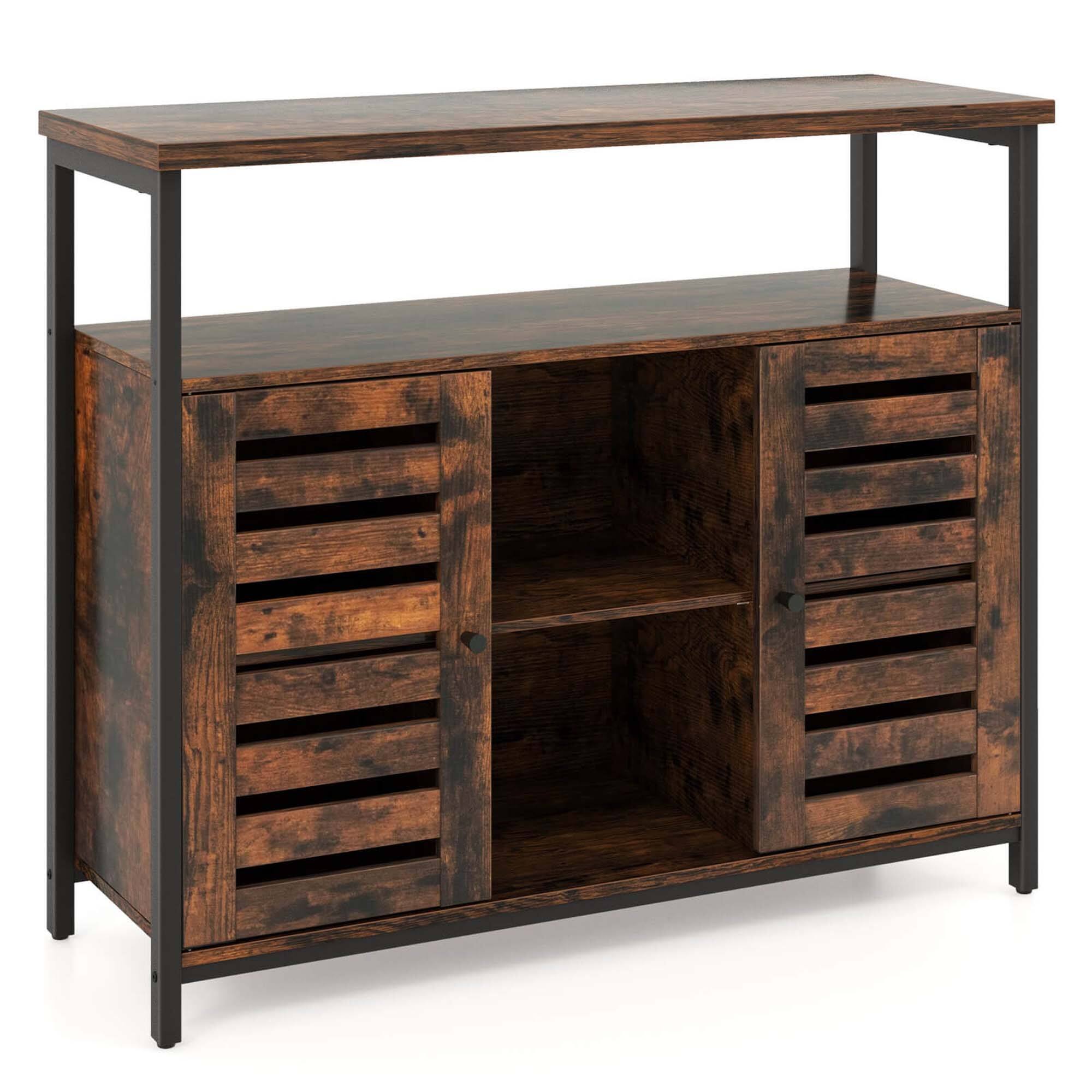 Alt View 1. Costway - Buffet Cabinet Industrial Sideboard Storage Cabinet with Push-to-Open Slatted Door - Rustic Brown & Black.