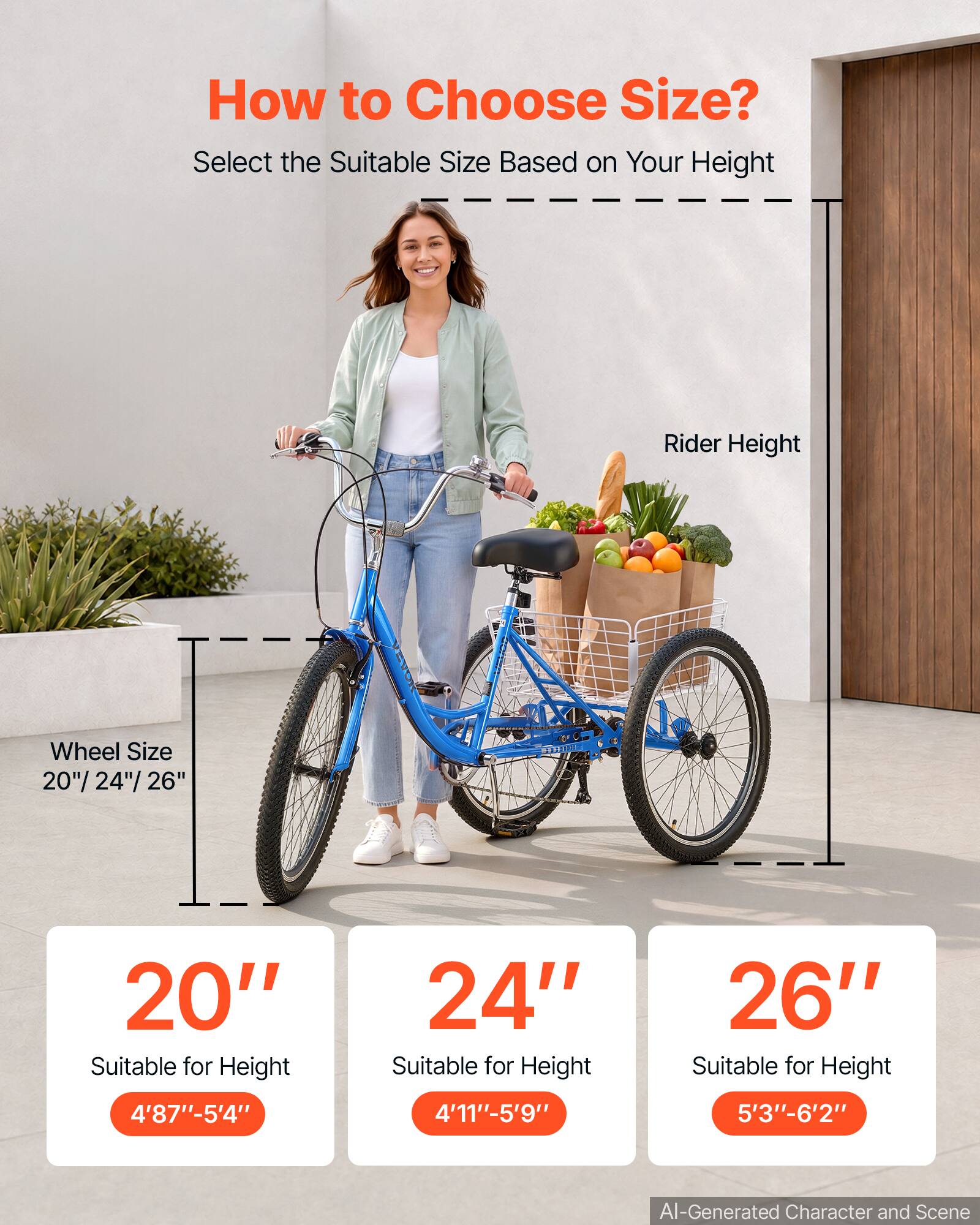 How to Choose Size?  
Select the Suitable Size Based on Your Height

Rider Height

Wheel Size 20"/24"/26"

20" Suitable for Height  
4'8"-5'4"

24" Suitable for Height  
4'11"-5'9"

26" Suitable for Height  
5'3"-6'2"