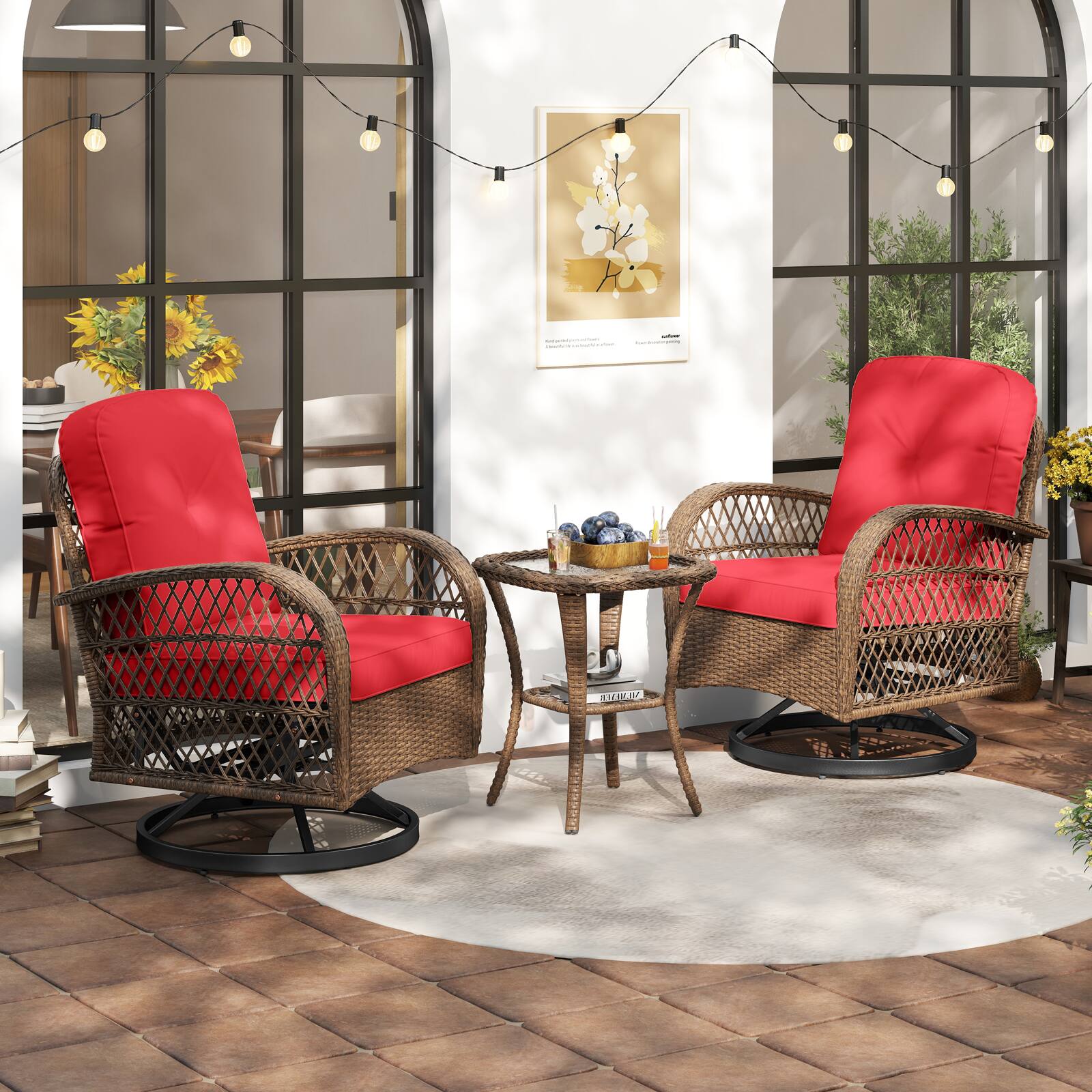 Alt View 1. Gymax - Gymax 3PCS Patio Swivel Rocker Set Gliding Bistro Furniture Set w/Tempered Glass Table - Red.