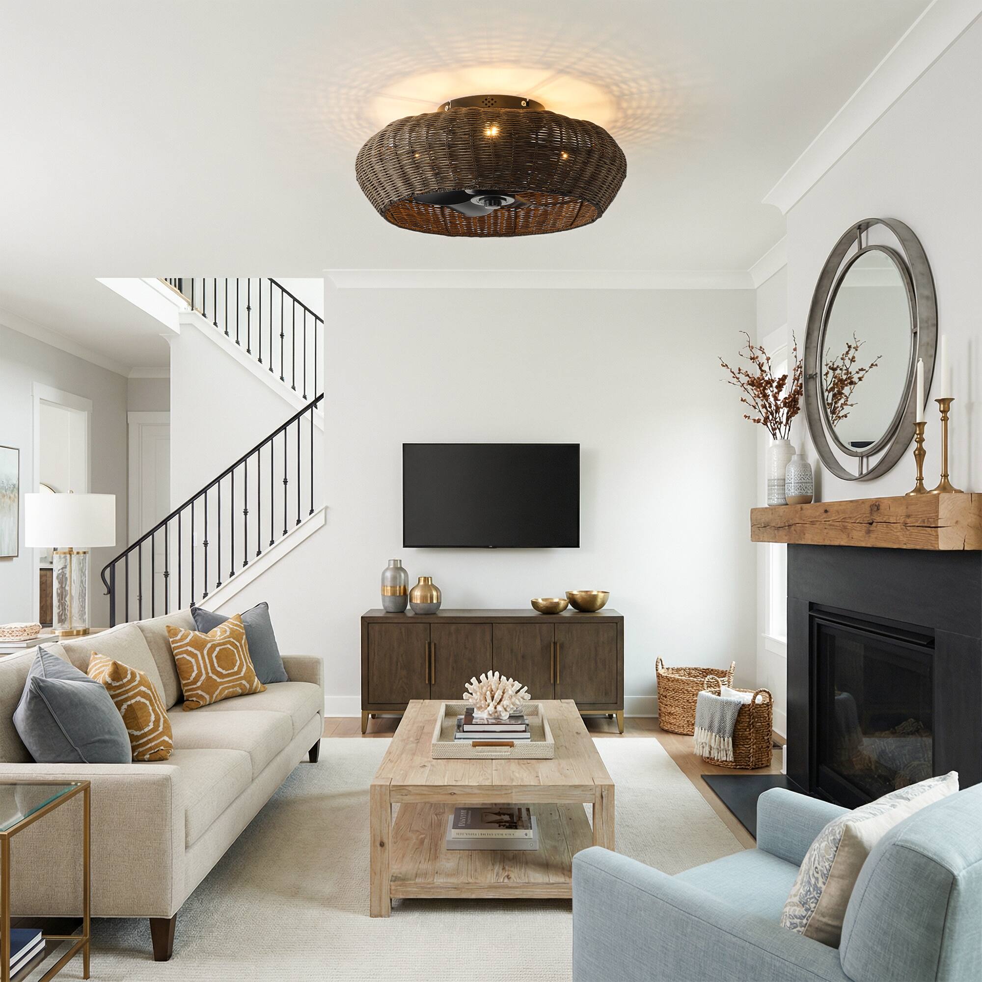 Back. Vaczon - 20" Boho Rattan Caged Ceiling Fan with Light and Remote, 6-Speed Reversible Blades, Low-Profile Flush Mount Ceiling Fan - Espresso Rattan.