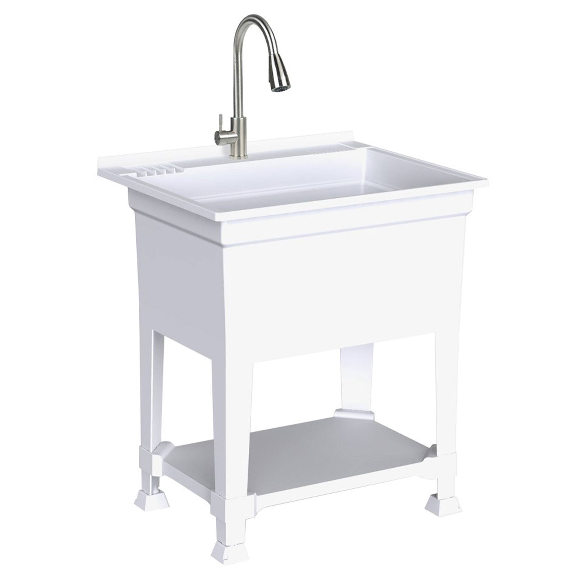 Alt View 4. UTILITYSINKS - UTILITYSINKS Plastic 30” Freestanding Utility Tub Sink with Pull Faucet, White - White.