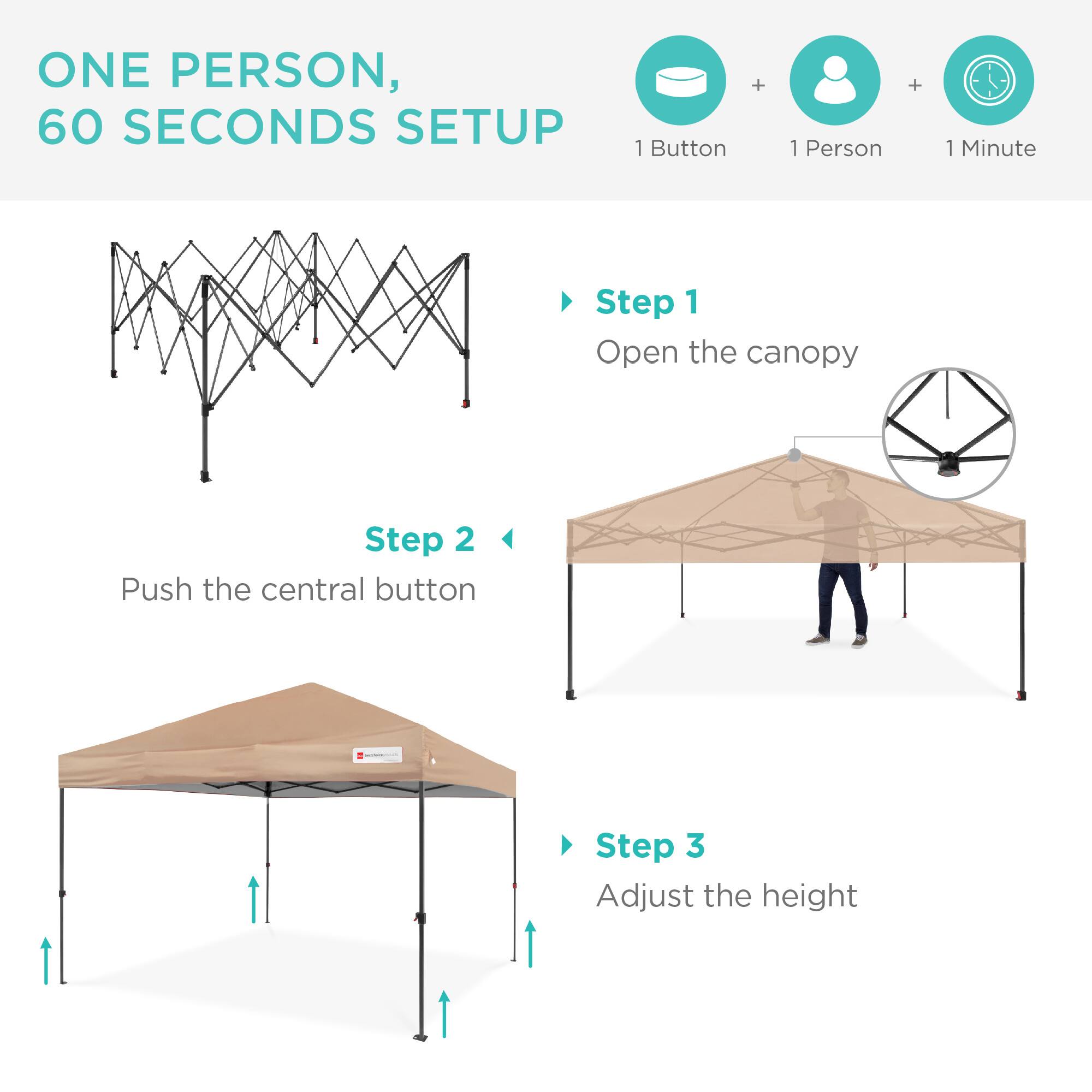 ONE PERSON, 60 SECONDS SETUP

1 Button + 1 Person + 1 Minute

Step 1
Open the canopy

Step 2
Push the central button

Step 3
Adjust the height