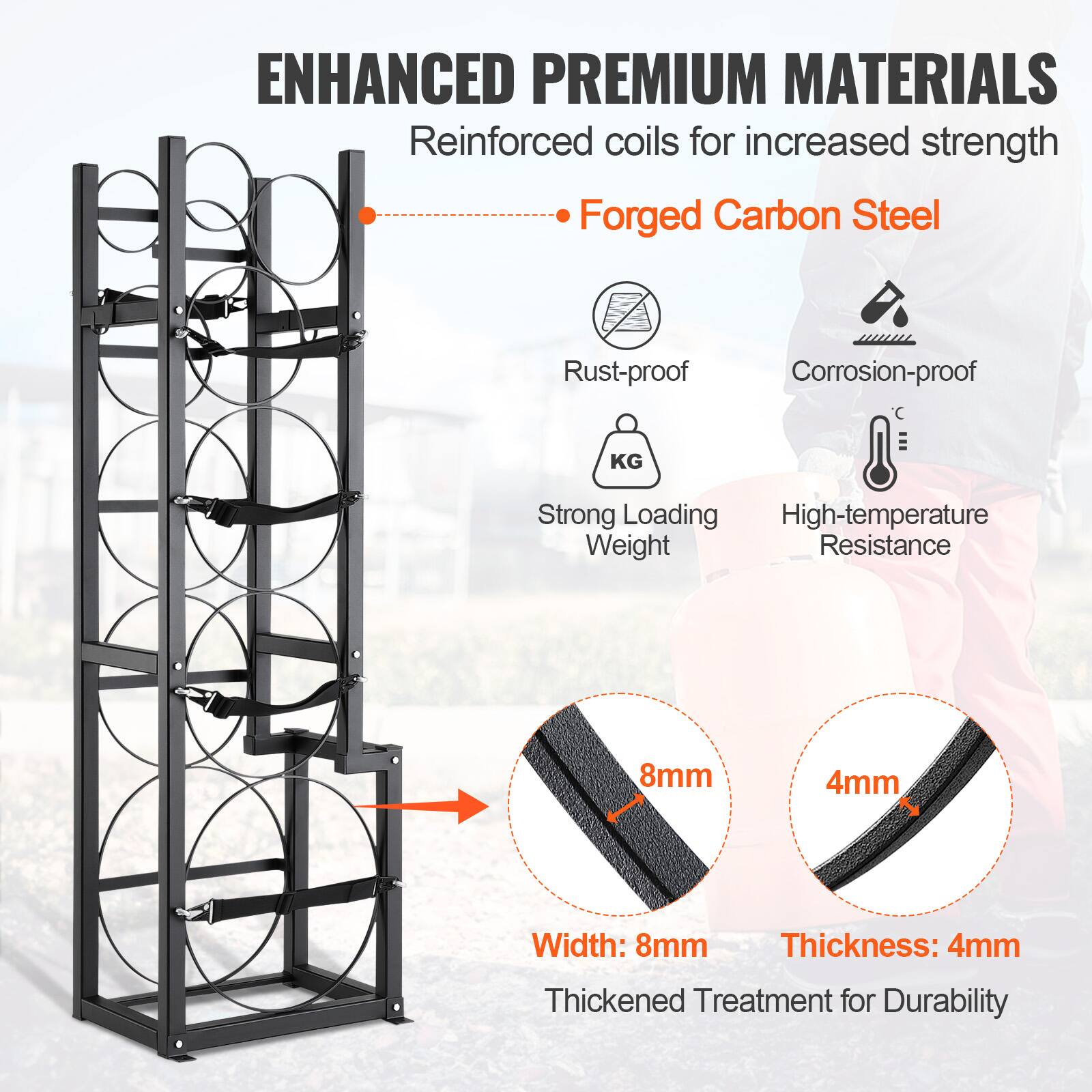 ENHANCED PREMIUM MATERIALS  
Reinforced coils for increased strength  
- Forged Carbon Steel  
  - Rust-proof  
  - Corrosion-proof  
  - Strong Loading Weight  
  - High-temperature Resistance  

Width: 8mm  
Thickness: 4mm  
Thickened Treatment for Durability