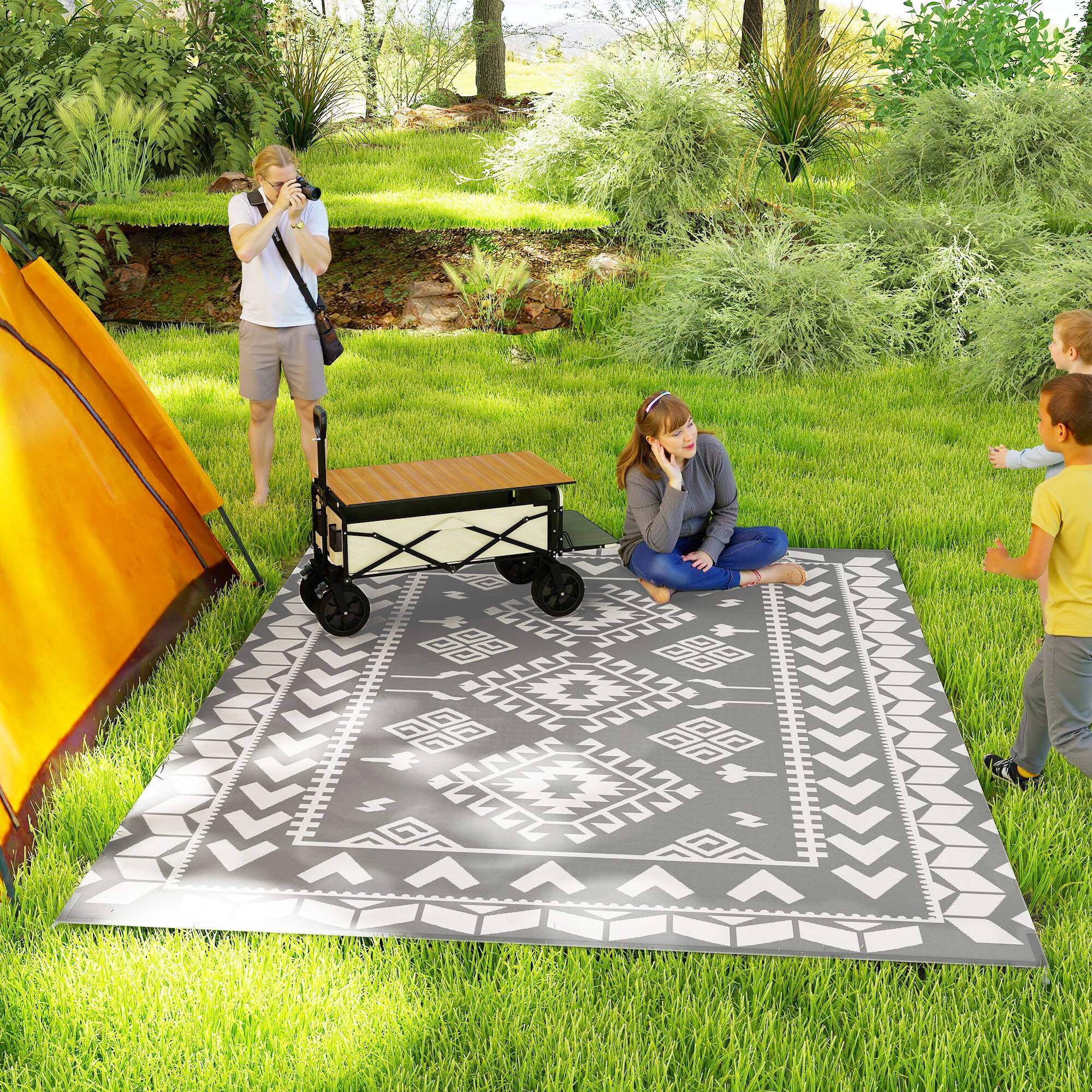 Alt View 1. Outsunny - Outdoor Rug for Patio, 9' x 12' Waterproof Large Mat, Reversible Plastic Straw Rug for Décor - Gray and White Rhombus Patchwork.
