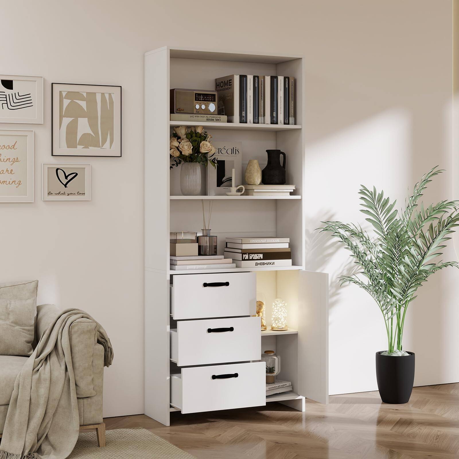 Jojoka - 6-Tier Bookshelf with Doors & 3 Drawers, 71" Tall Wood Bookcase with Open Shelves for Home Office - White