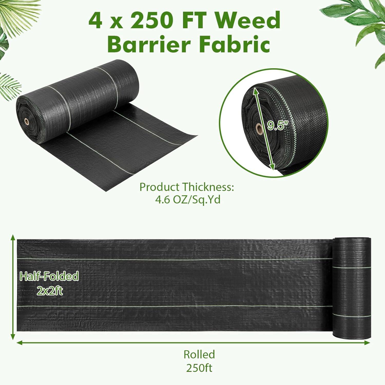 The text on the image reads: "4 X 250 FT Weed Barrier Fabric 9.5" Product Thickness: 4.6 OZ/Sq.Yd Half-Folded 2x2ft Rolled 250ft."