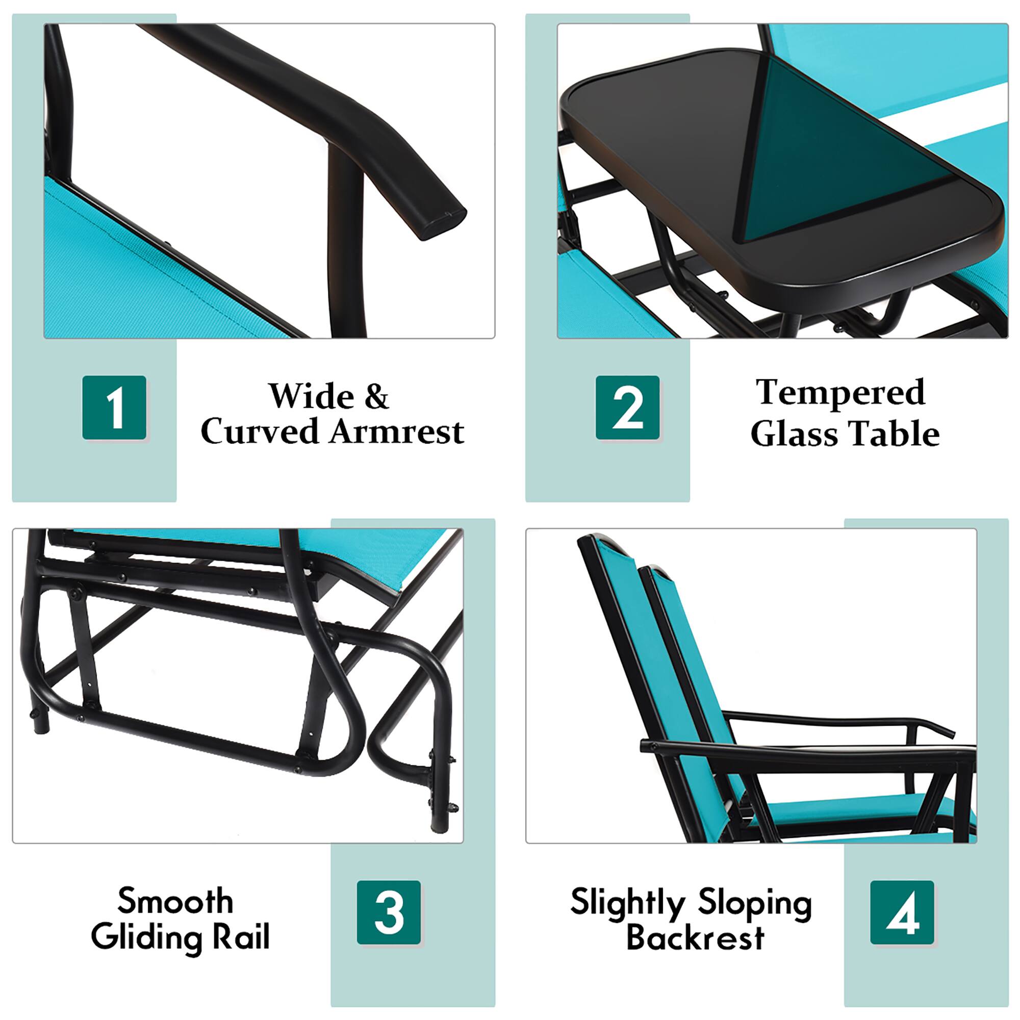 1. Wide & Curved Armrest
2. Tempered Glass Table
3. Smooth Gliding Rail
4. Slightly Sloping Backrest