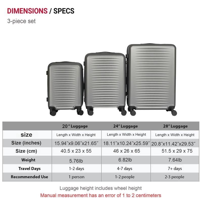 DIMENSIONS / SPECS  
3-piece set

| Size          | 20" Luggage                     | 24" Luggage                     | 28" Luggage                     |
|---------------|-------------------------------|-------------------------------|-------------------------------|
| Size (inches)  | 15.94"x9.06"x21.65"              | 18.11"x10.24"x25.59"             | 20.8"x11.42"x29.53"              |
| Size (cm)      | 40.5 x 23 x 55                 | 46 x 26 x 65                   | 51.5 x 29 x 75                 |
| Weight        | 5.76lb                        | 6.82lb                        | 7.64lb                        |
| Travel Days   | 1-2 days                      | 4-7 days                      | 7+ days                       |
| Recommended Use| 1 person                      | 1-2 people                    | 2-3 people                    |

Luggage height includes wheel height  
Manual measurement has an