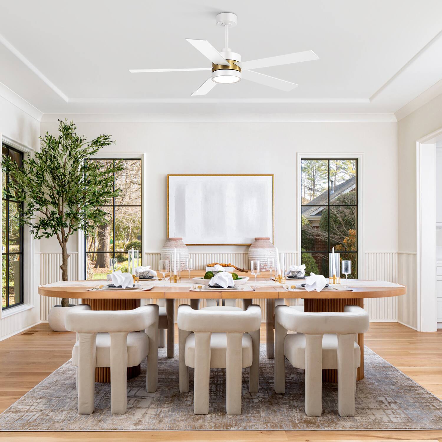 Alt View 9. Breezary - 52-In Indoor Ceiling Fan with Led Light, 5 Plywood Blades, 6-Speed DC Motor, Remote, Timer with Memory, 5/10'' Downrods - White and Gold.