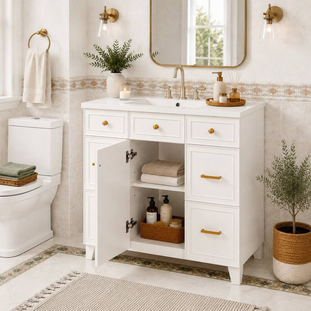 Angle. Loheer - Loheer 36 inch white bathroom vanity with sink Solid Wood Freestanding - White.