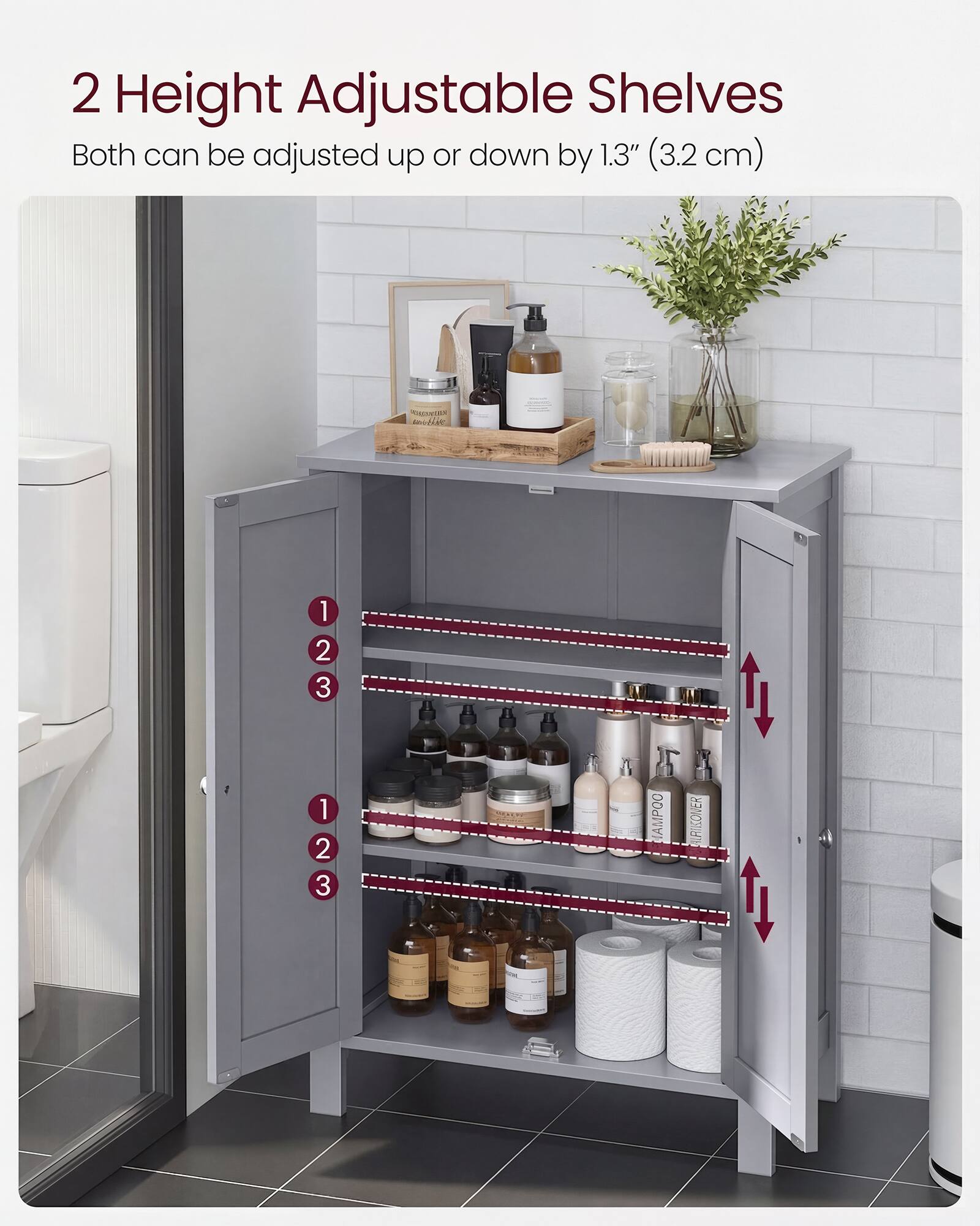 2 Height Adjustable Shelves  
Both can be adjusted up or down by 1.3" (3.2 cm)