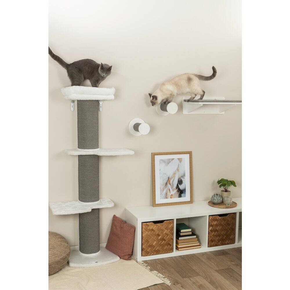 Left. TRIXIE - Acadia Plush & Sisal 3-Level 63" Cat Tree, Scratching Posts, Wall Brackets, Gray - White/Gray.