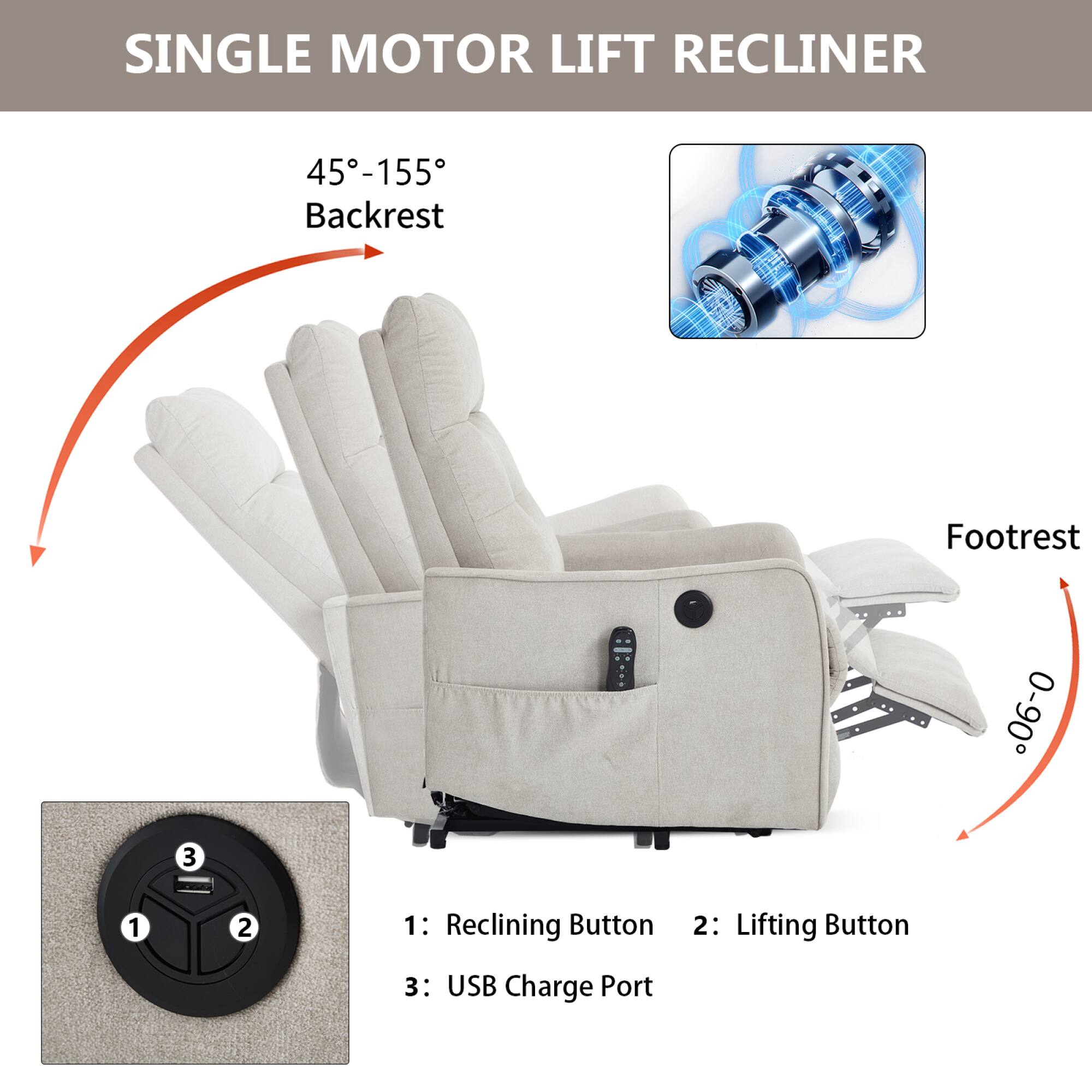 SINGLE MOTOR LIFT RECLINER

45°-155° Backrest

Footrest 0°-90°

1: Reclining Button
2: Lifting Button
3: USB Charge Port