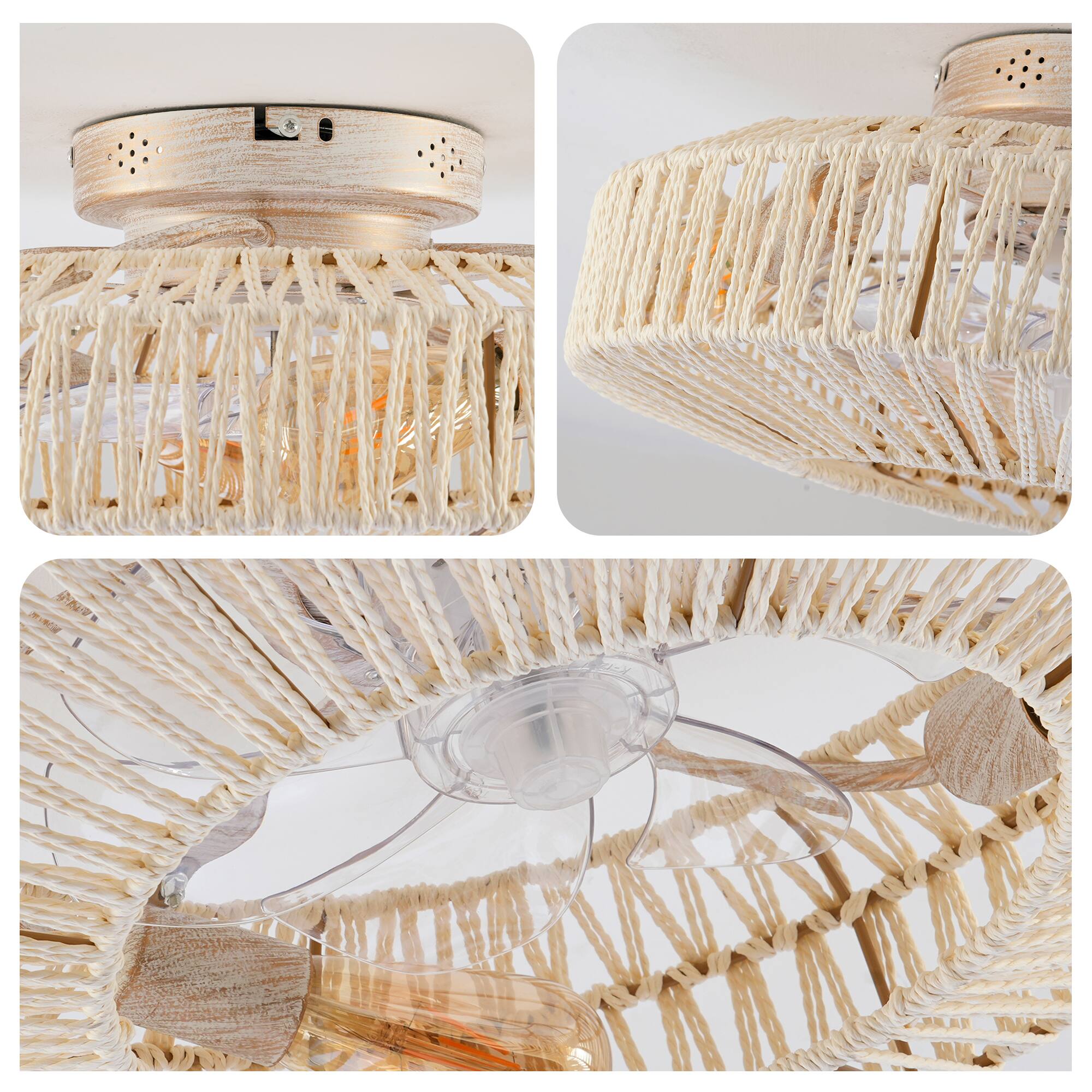 Alt View 7. Sofucor - 20" Woven Caged Low Profile Bladeless Ceiling Fan with Remote Enclosed Farmhouse Flush Mount Boho Ceiling Fan Reversible - White Light Gold.