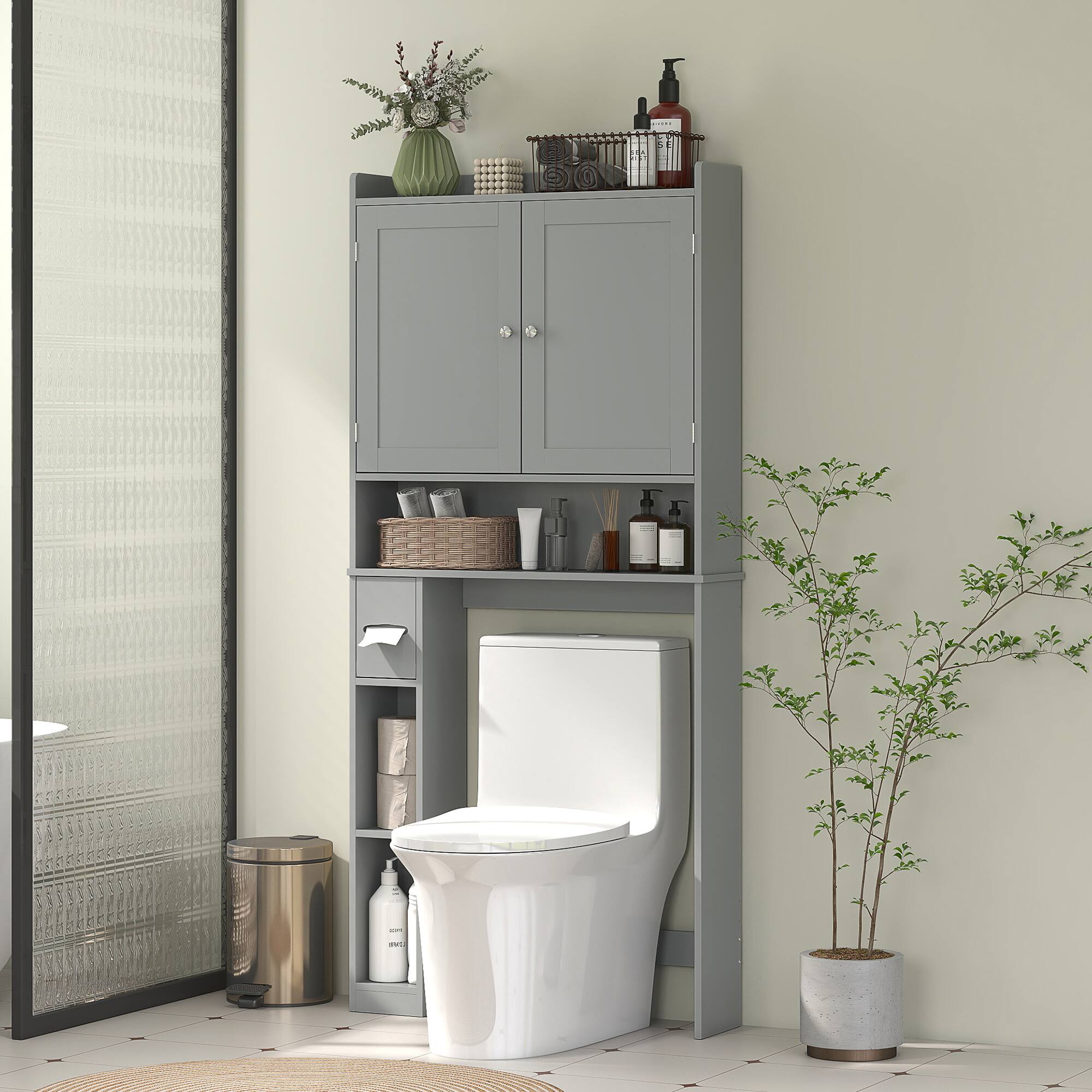 Alt View 1. Homcom - Over the Toilet Storage Cabinet with 2 Doors - Gray.