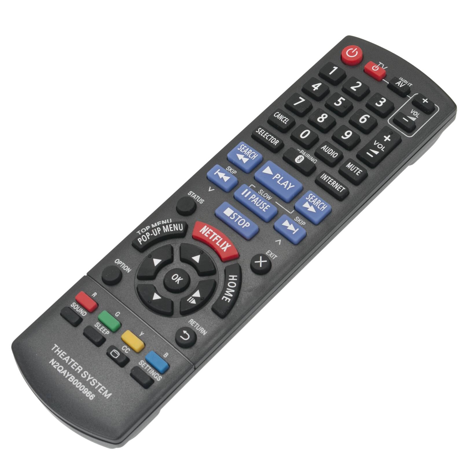 Sure, here is the corrected and grouped text from the image:

**Top Row:**
- TV
- AV

**Number Pad:**
- 1
- 2
- 3
- 4
- 5
- 6
- 7
- 8
- 9
- 0

**Volume Controls:**
- VOL -
- VOL +
- MUTE

**Audio and Internet:**
- AUDIO
- INTERNET

**Playback Controls:**
- SEARCH
- PLAY
- PAUSE
- STOP
- SKIP
- SLOW

**Navigation:**
- SELECTOR
- CANCEL
- EXIT
- OK
- RETURN
- POP-UP MENU
- TOP MENU

**Additional Functions:**
- PAIRING
- CC
- SLEEP
- SOUND
- THEATER SYSTEM
- SETTINGS
- HOME
- NETFLIX

**Color Buttons:**
- R (Red)
- G (Green)
- Y (Yellow)
- B (Blue)

**Bottom:**
- N2QAYB000966