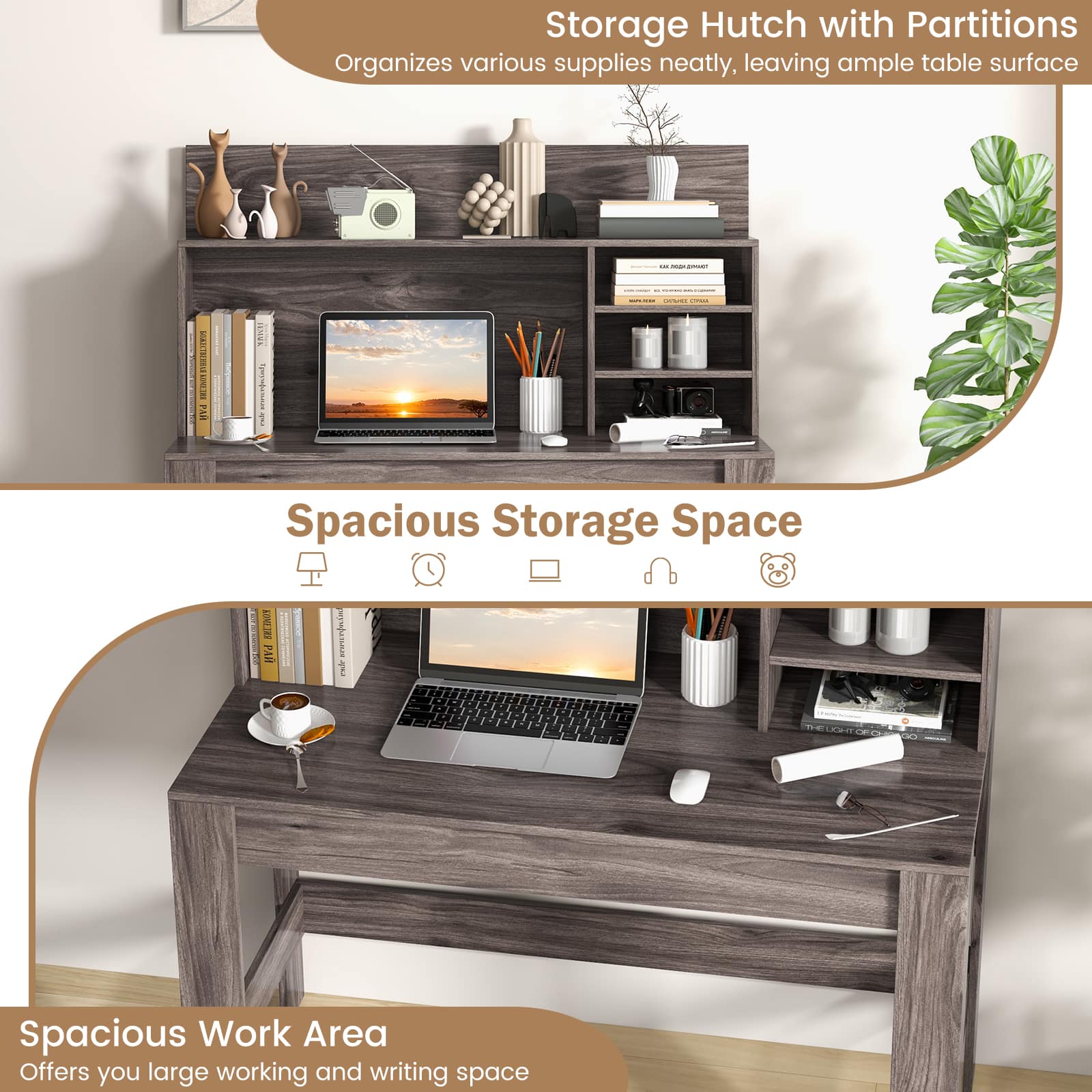 Storage Hutch with Partitions Organizes various supplies neatly, leaving ample table surface. Spacious Storage Space offers you large working and writing space.