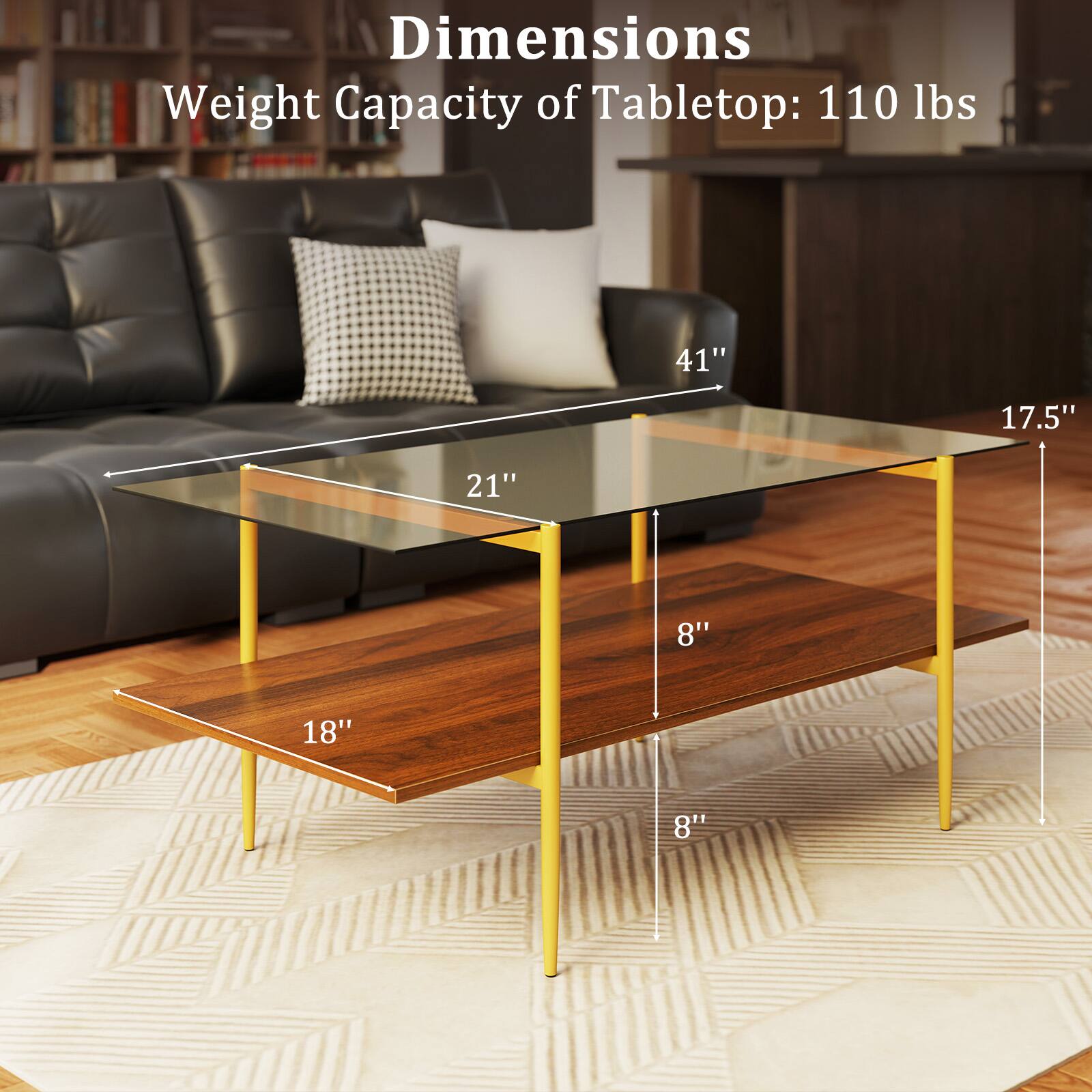 Dimensions  
Weight Capacity of Tabletop: 110 lbs  
41" x 17.5" x 21"  
18" x 8"
