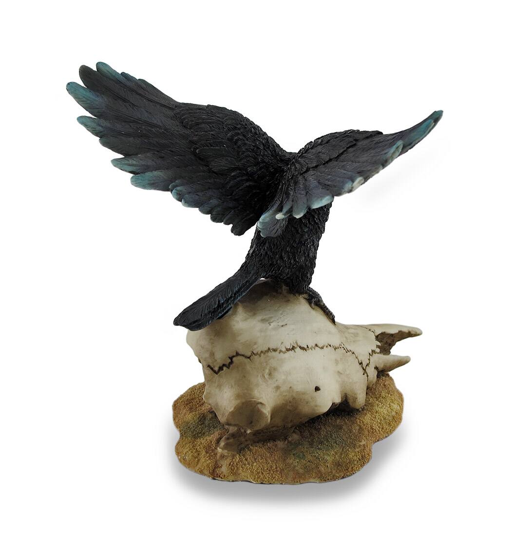 Alt View 2. Veronese Design - Black Open Winged Crow Perched On Sheep Skull Sculptural Figurine - Black.