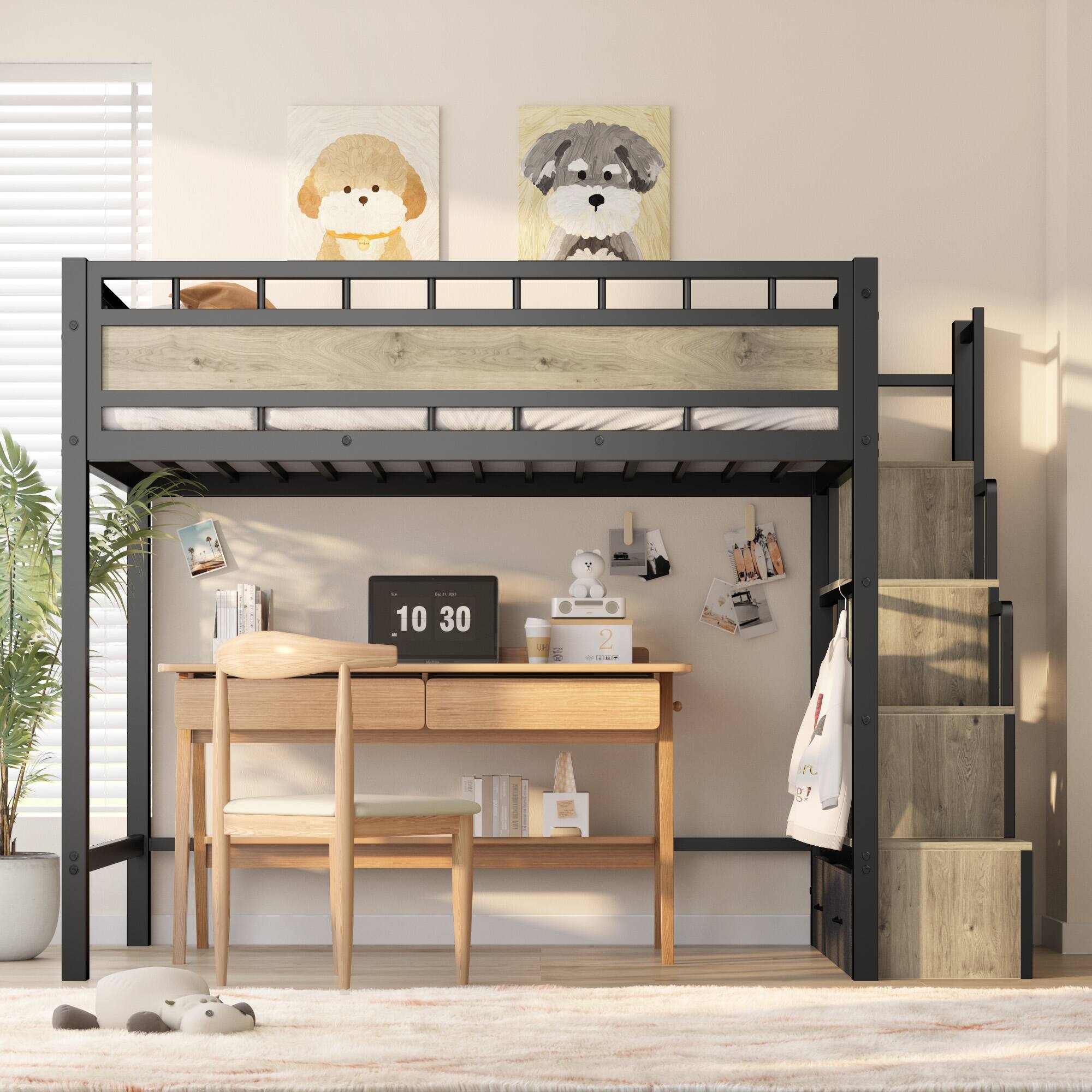 Alt View 5. KERDOM - Loft Bed with Stair & Storage Twin Size, Heavy Duty Metal Loft Bed Frame Large Under Bed Space for Apt, Space Saving - Bed Frame Only.