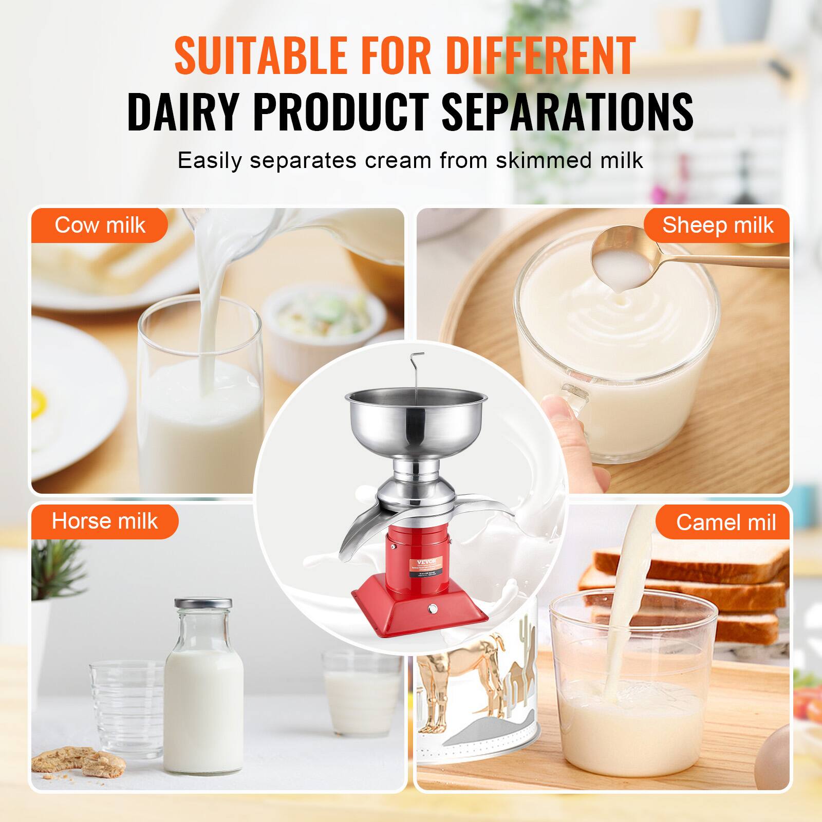 SUITABLE FOR DIFFERENT DAIRY PRODUCT SEPARATIONS  
Easily separates cream from skimmed milk  

- Cow milk  
- Horse milk  
- Sheep milk  
- Camel milk