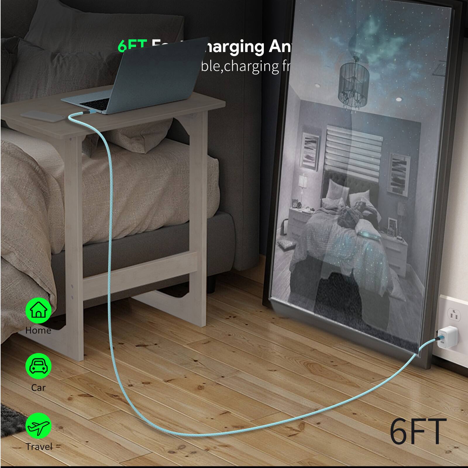 6FT Charging Cable, Charging from Home, Car, Travel