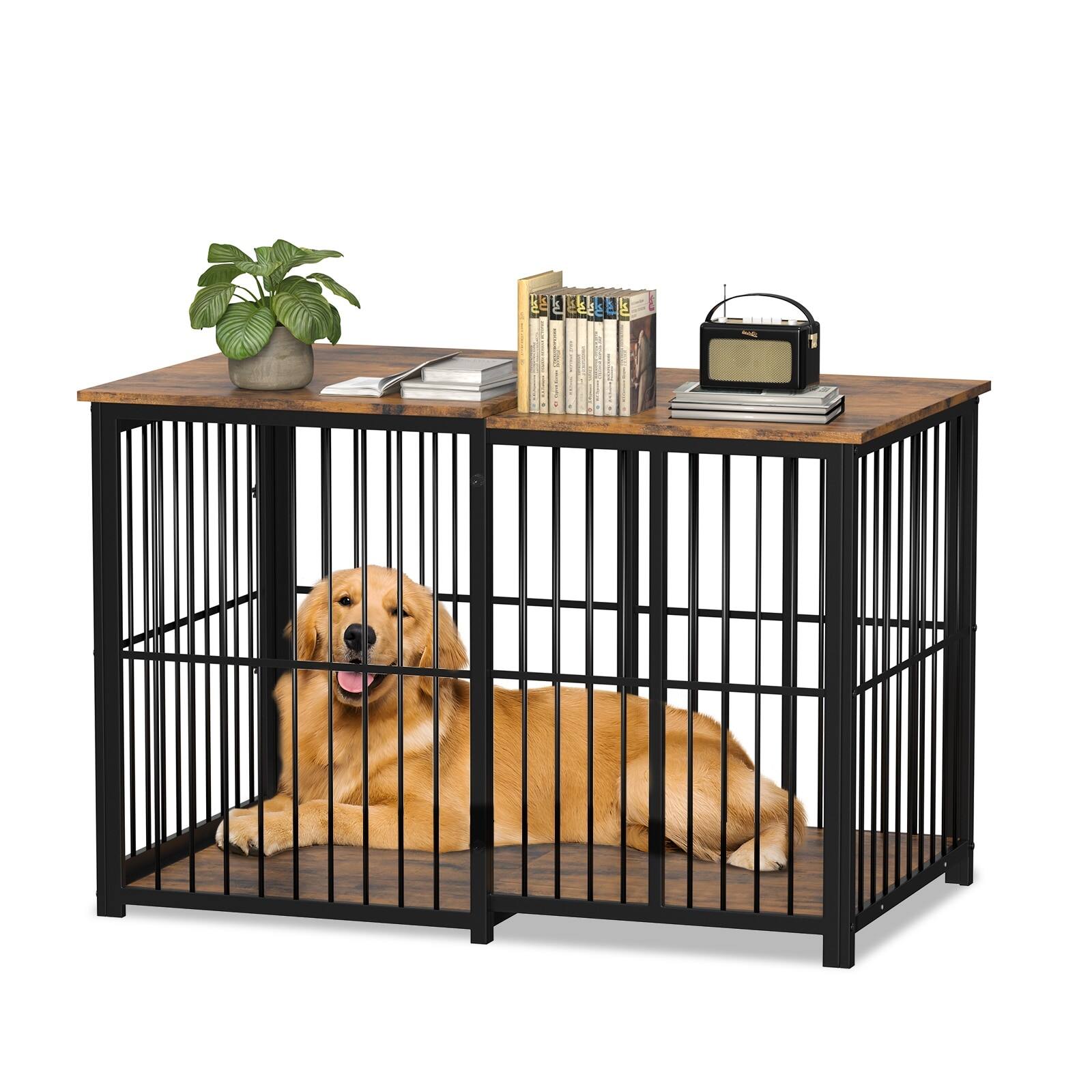 Back. U-HOMY - Adjustable Wooden Dog Crate Furniture with Cushion, Lockable Indoor Kennel End Table for Small to Large Dogs.