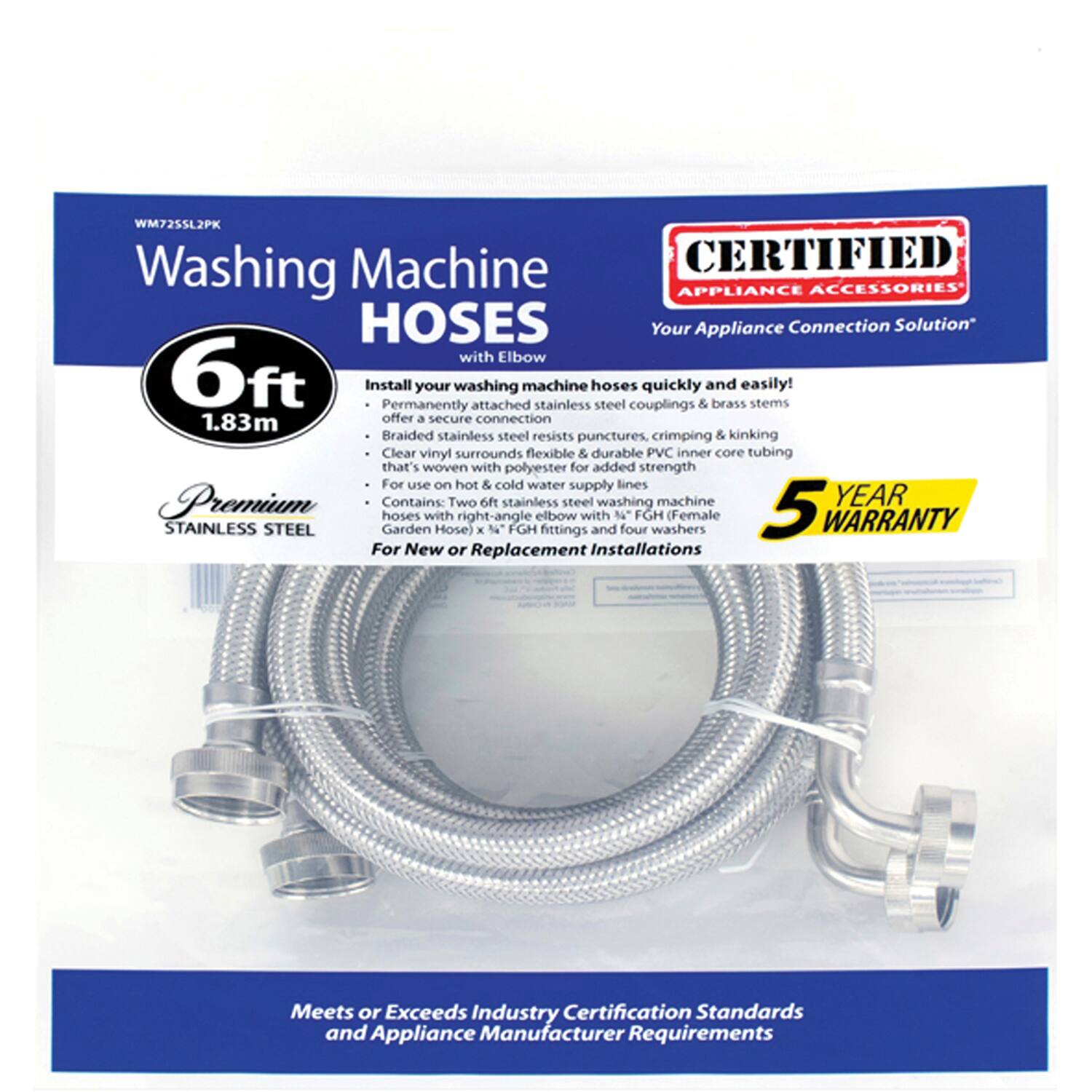 Certified Appliance Accessories 2 Pack Braided Stainless Steel Washing ...