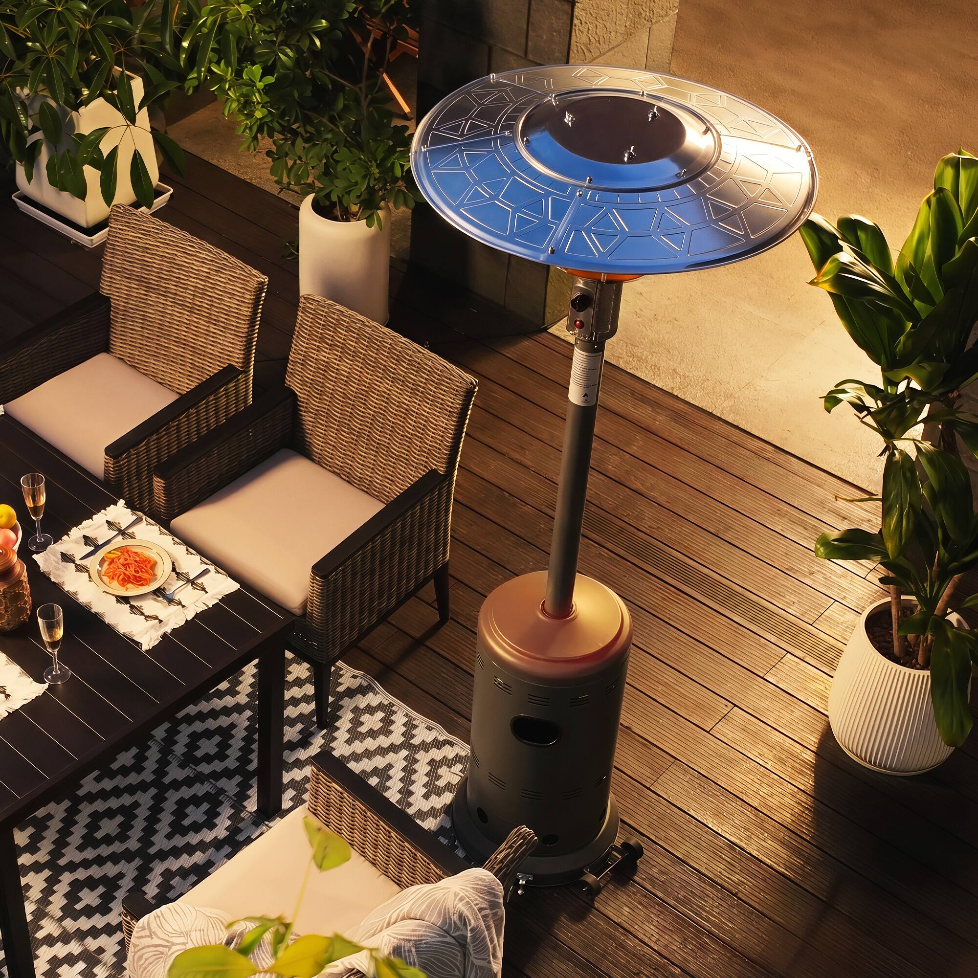 Left. Nuu Garden - Metal Sparkling Gray Outdoor Heater with Wheels, ETL Certified.