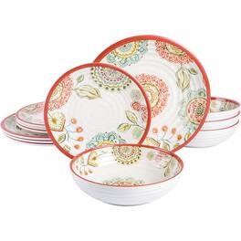 Laurie Gates - Brick Floral Ripple 12 Piece Melamine Dinnerware Set in Red - Multi