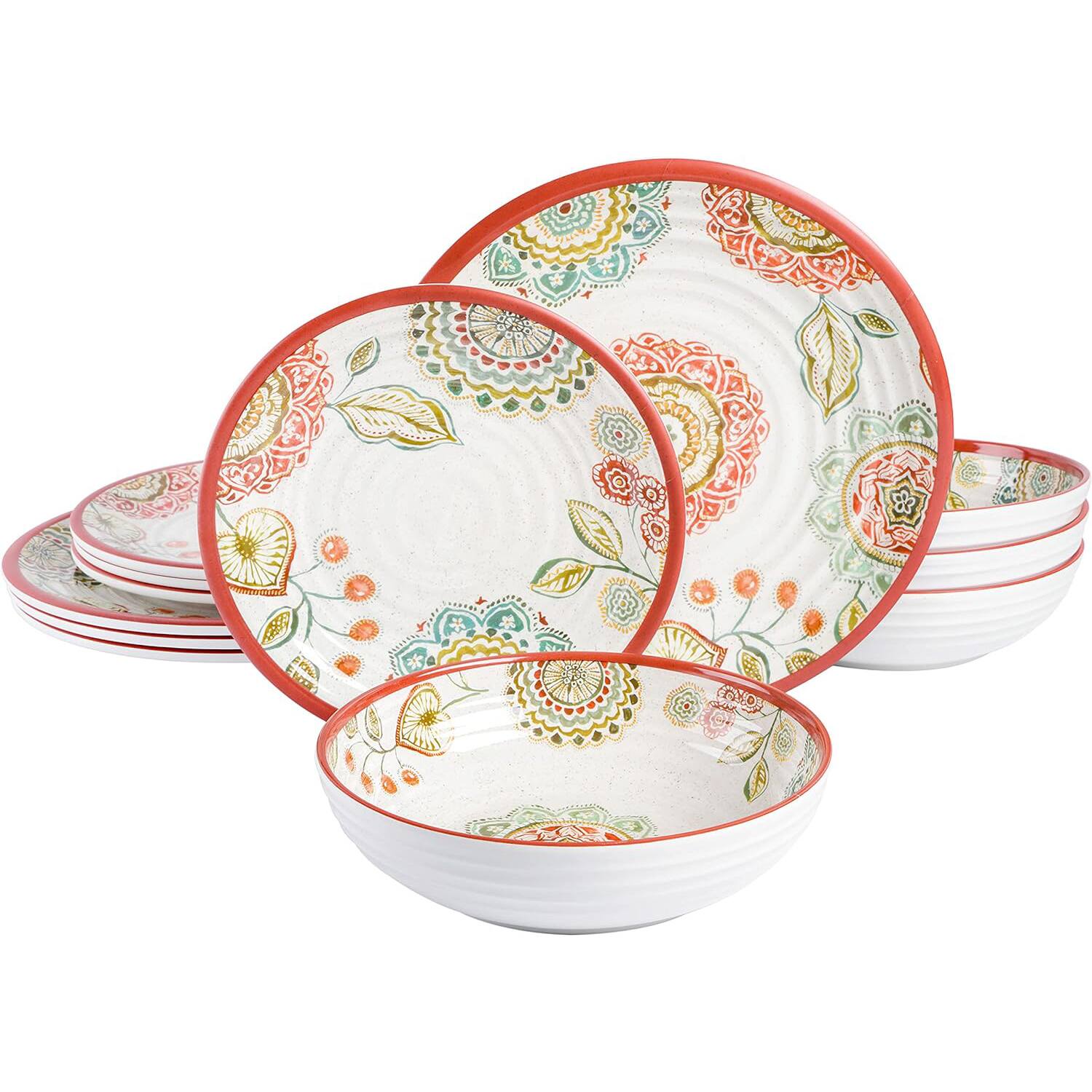 Front. Laurie Gates - Laurie Gates Brick Floral Ripple 12 Piece Melamine Dinnerware Set in Red - Multi.