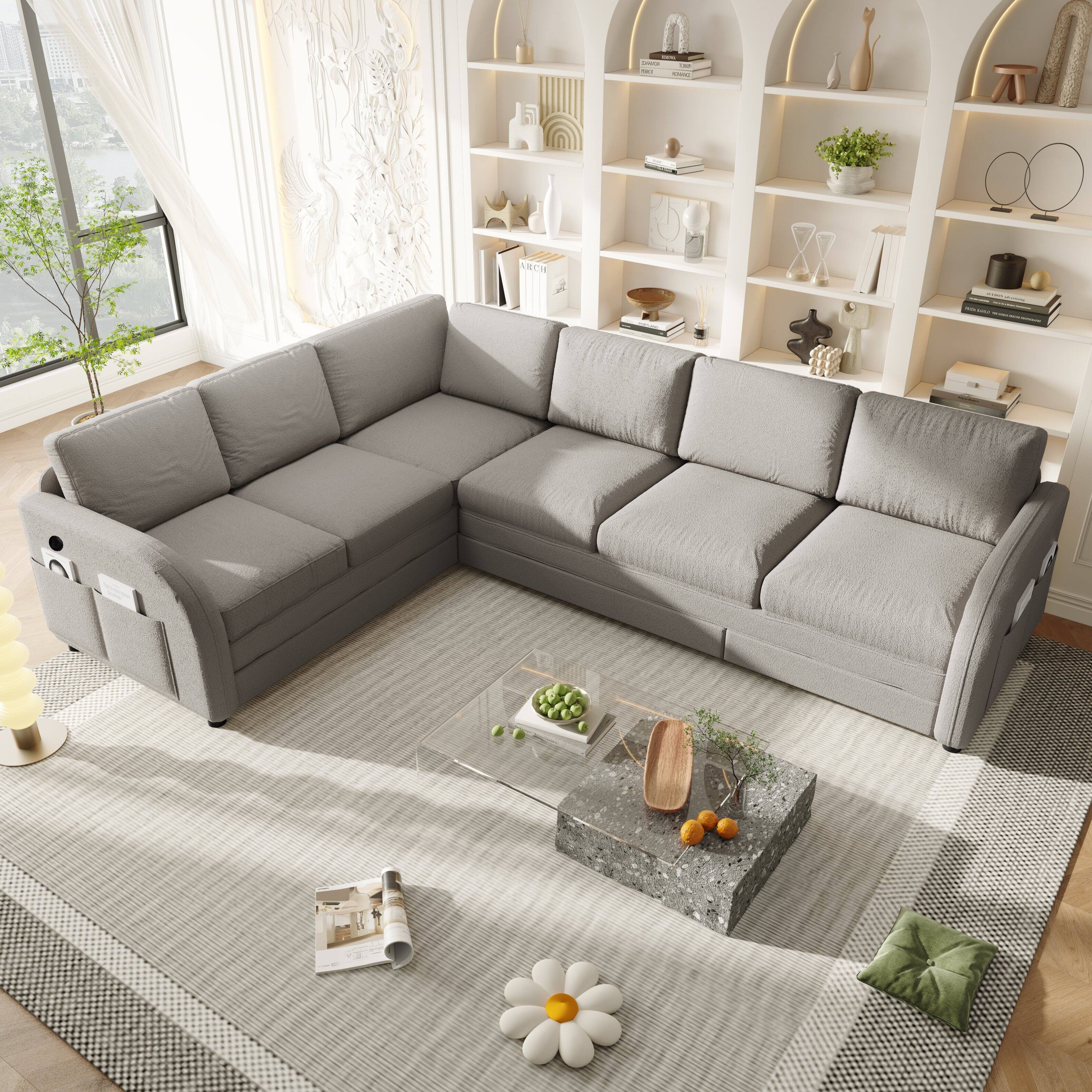 Angle. Anysun - 115.2" L-Shaped Sofa w Pull-Out Bed, USB & Pocket, Sherpa Fleece, L/R Facing - Light Grey.