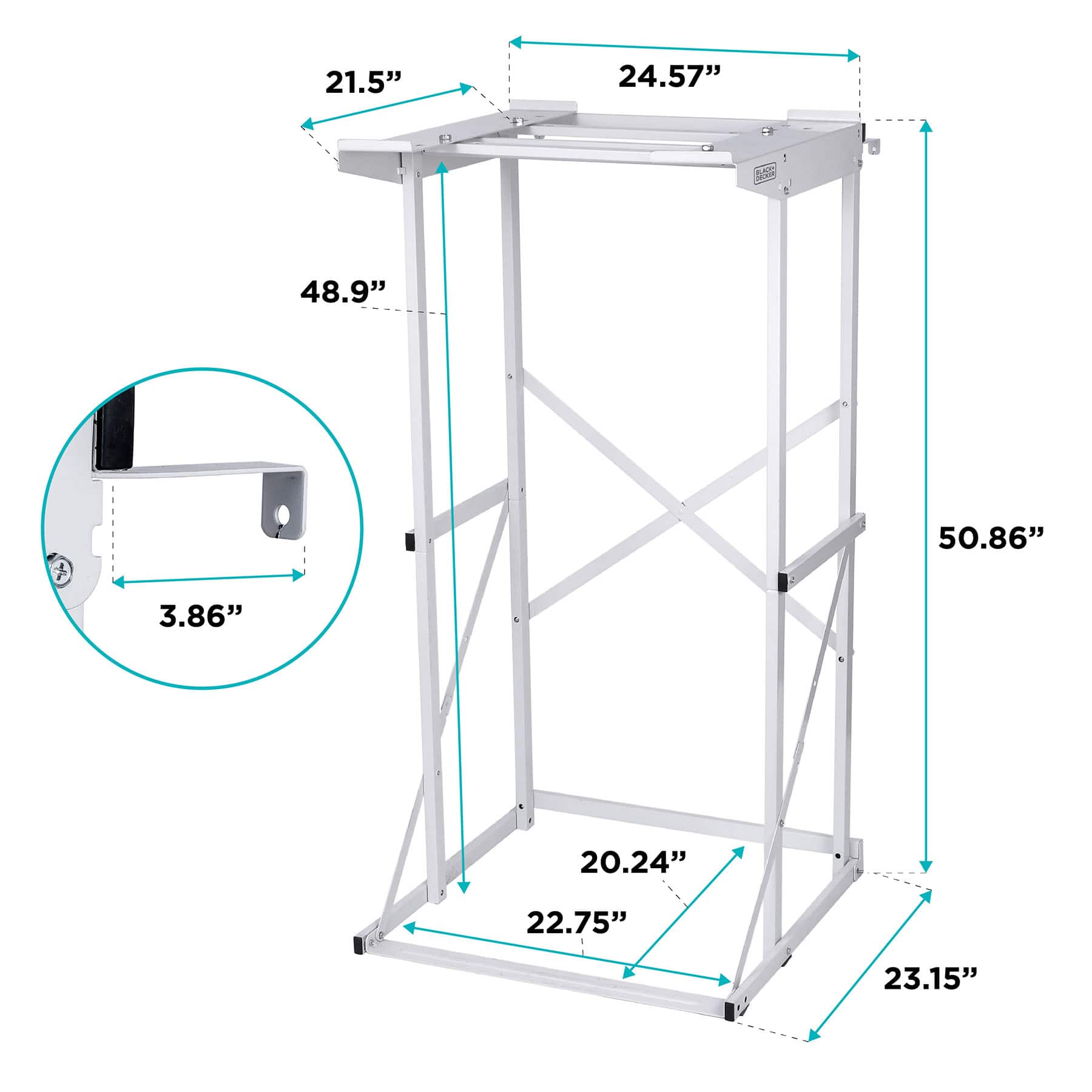 The text on the image is grouped and corrected as follows:
21.5" 24.57" : A 48.9" 50.86" 3.86" 20.24" 22.75" 23.15"
