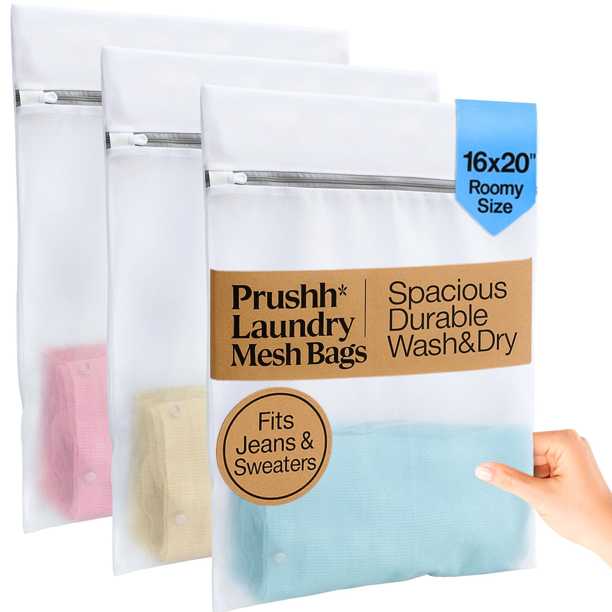 DORLUKFU - 3Pc Spacious Durable Mesh Laundry Bags (16x20 Inches) Protects Delicates, Fine Mesh for Uniform Wash & Dry, Auto-Lock - White