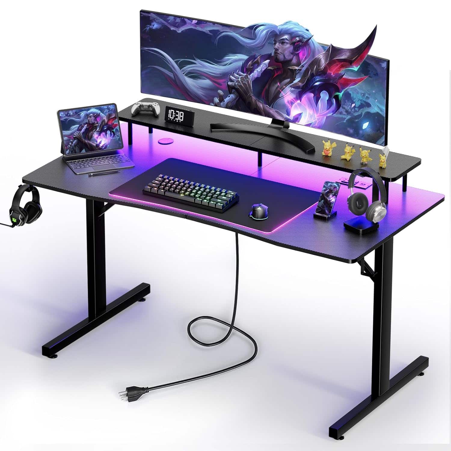 Zell Electronics - 55 Inch Black Gaming DeskLED, Power Outlet, Carbon Surface & Mouse Pad for Home Office Setup - Carbon Black