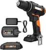 The image features a WORX drill and a charger. The drill is black and orange, and it is accompanied by a charger and a battery pack. The drill is designed for use with a 20V battery pack, and it is compatible with the WORX 20V Power Share system. The charger is used to recharge the battery pack, ensuring that the drill is always ready for use.