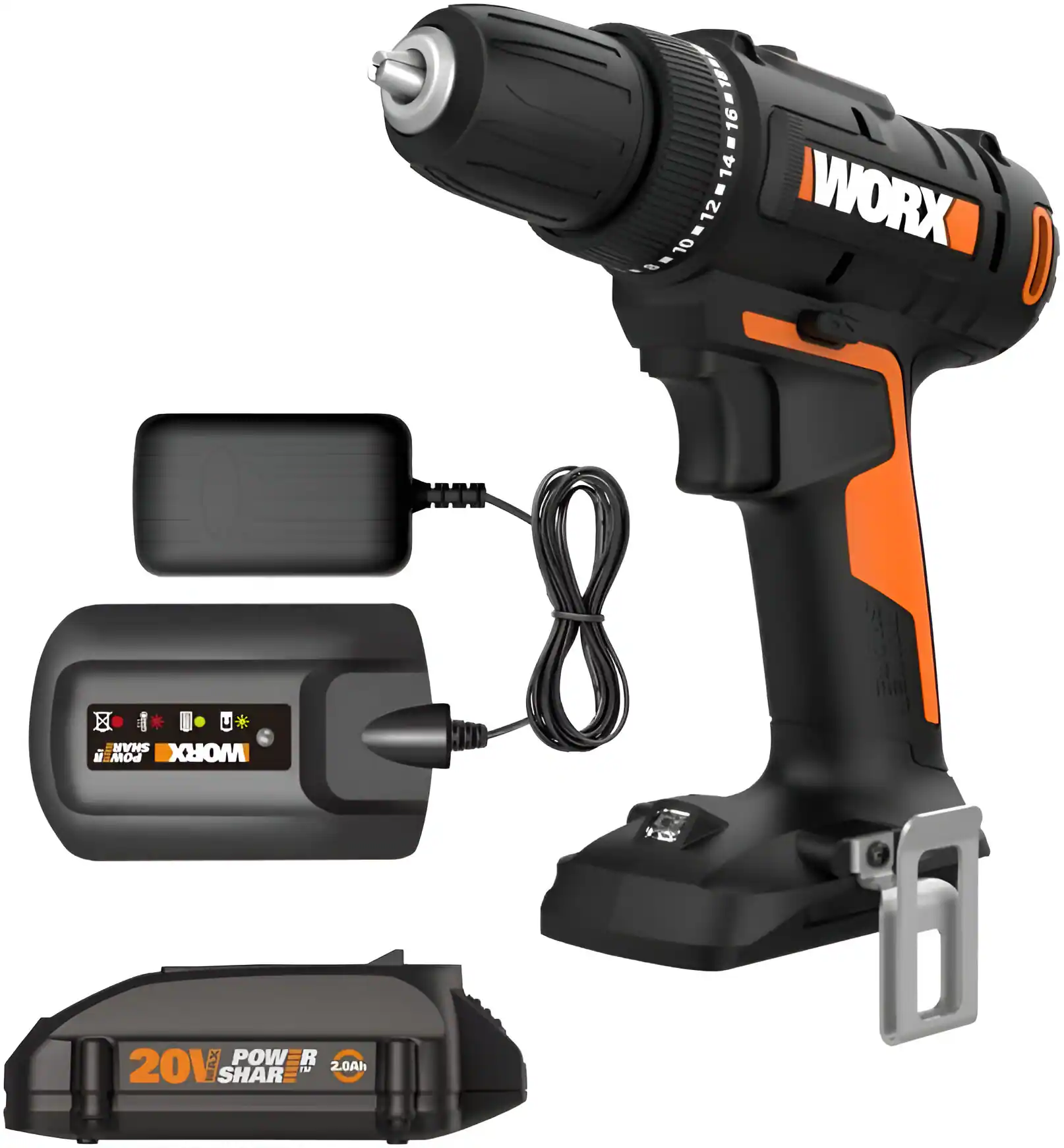 Zoom in on The image features a WORX drill and a charger. The drill is black and orange, and it is accompanied by a charger and a battery pack. The drill is designed for use with a 20V battery pack, and it is compatible with the WORX 20V Power Share system. The charger is used to recharge the battery pack, ensuring that the drill is always ready for use.