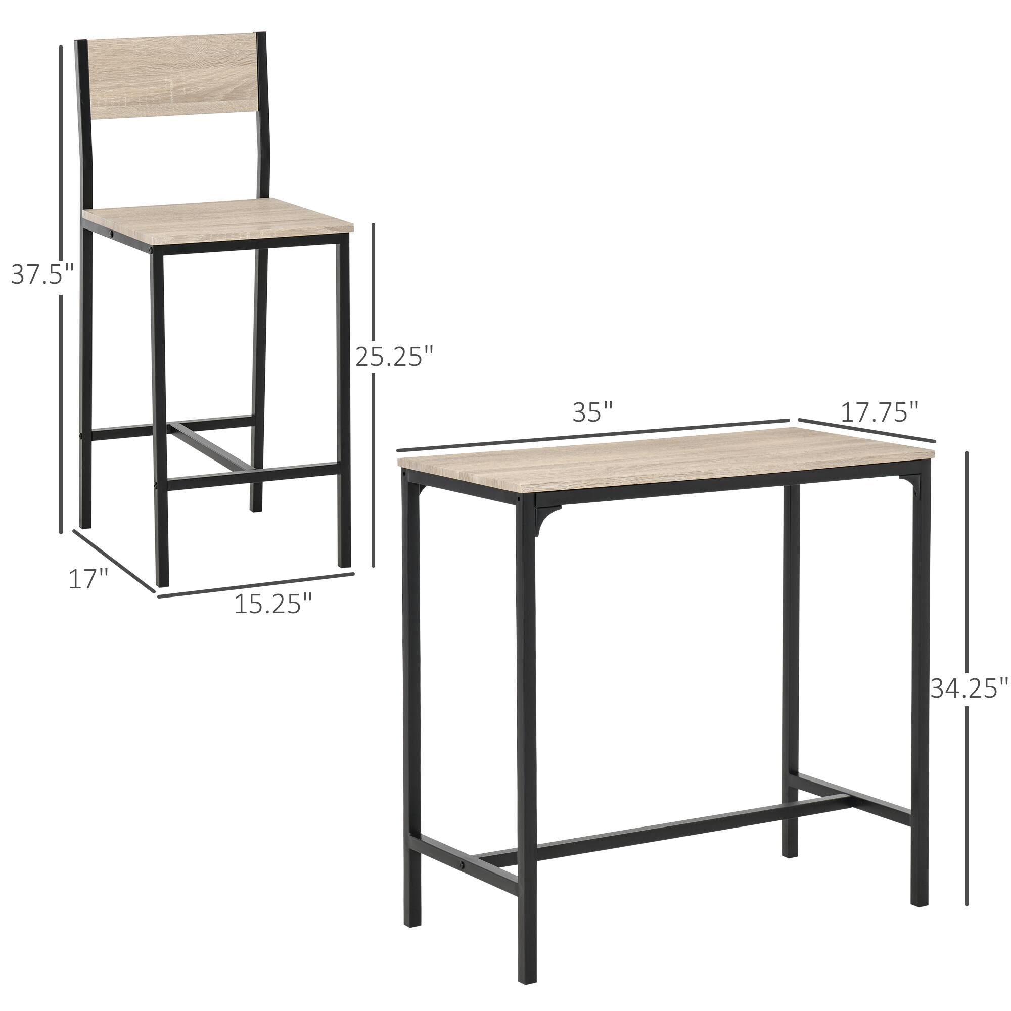 Chair: 37.5", 25.25", 17", 15.25"

Table: 35", 17.75", 34.25"