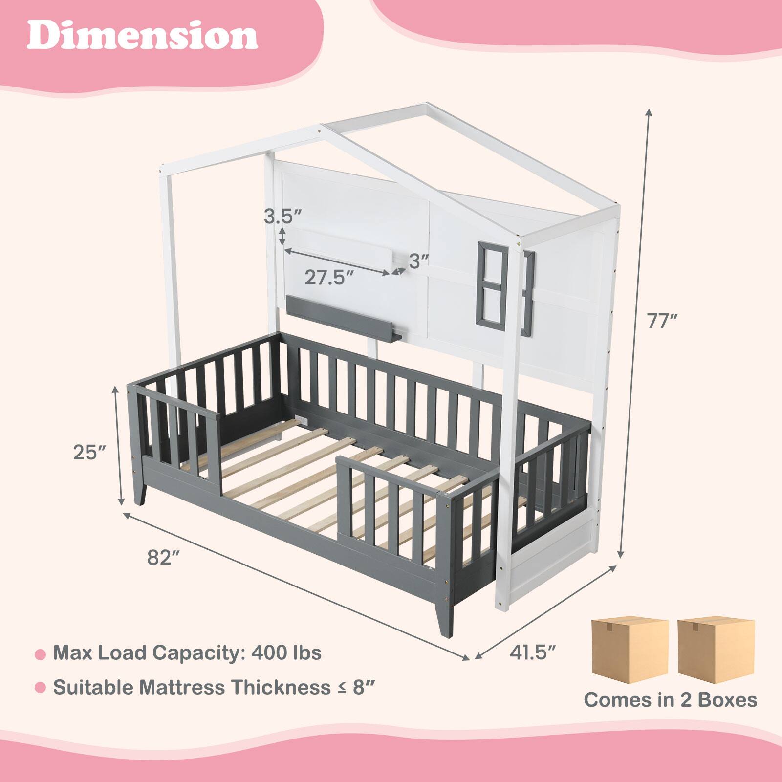 Alt View 2. Costway - Costway Twin Size Kids House Bed with Fence Window Wooden Slats & 2 Storage Shelves - White,Gray.