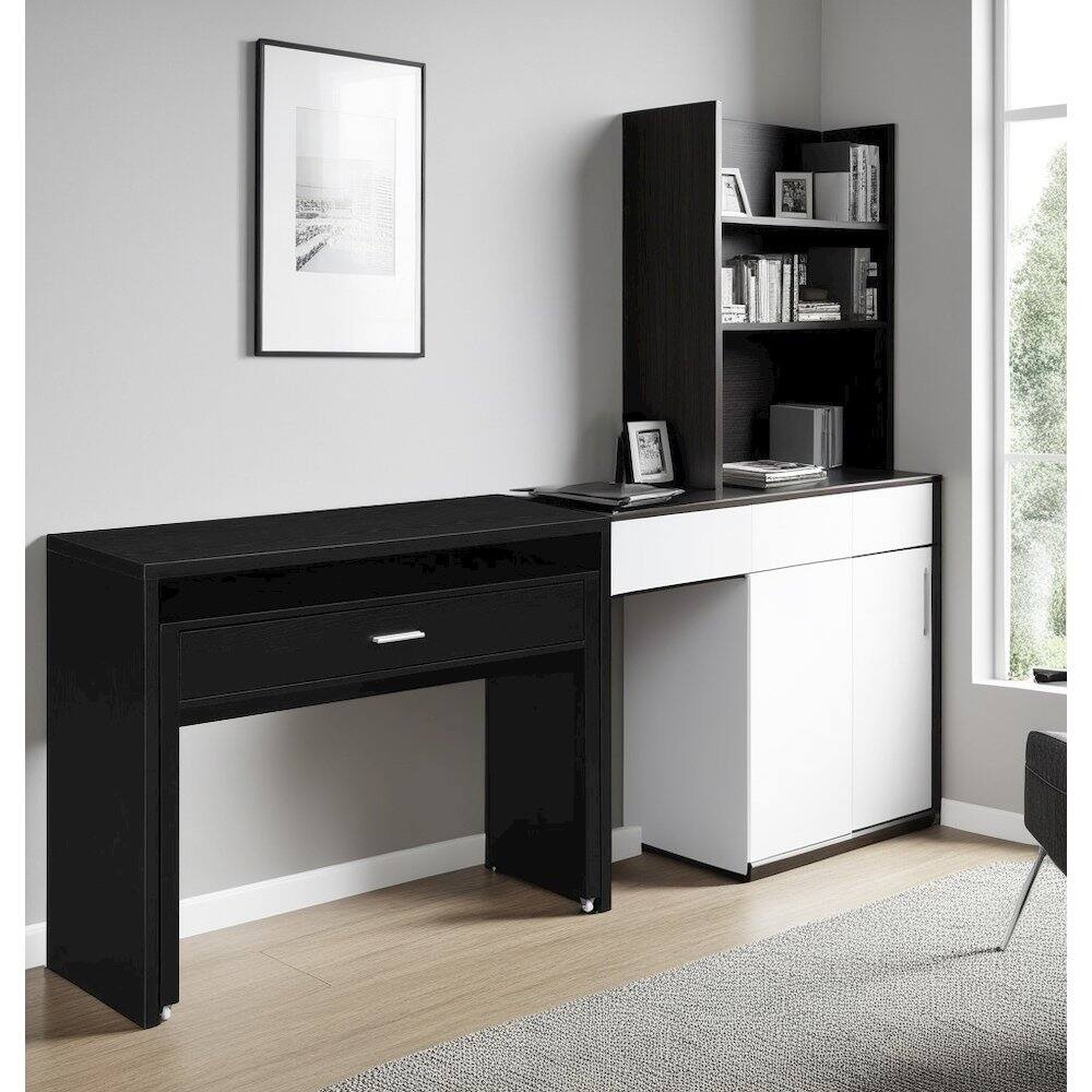 Left. FurniFact - Sleek Black Console Desk with Sliding Drawer and Riser for Office Use - Black.