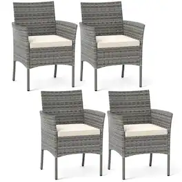 Gymax - Outdoor PE Wicker Chairs Set of 2 Patio Dining Armchairs w/ Padded Cushions - White