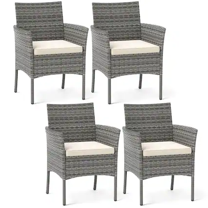 Front. Gymax - Gymax Outdoor PE Wicker Chairs Set of 2 Patio Dining Armchairs w/ Padded Cushions - White.
