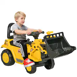 Homcom - Ride On Excavator Pull Cart, Kids Bulldozer Truck with Horn, Under Seat Storage, Sit & Scoot, Pretend Play