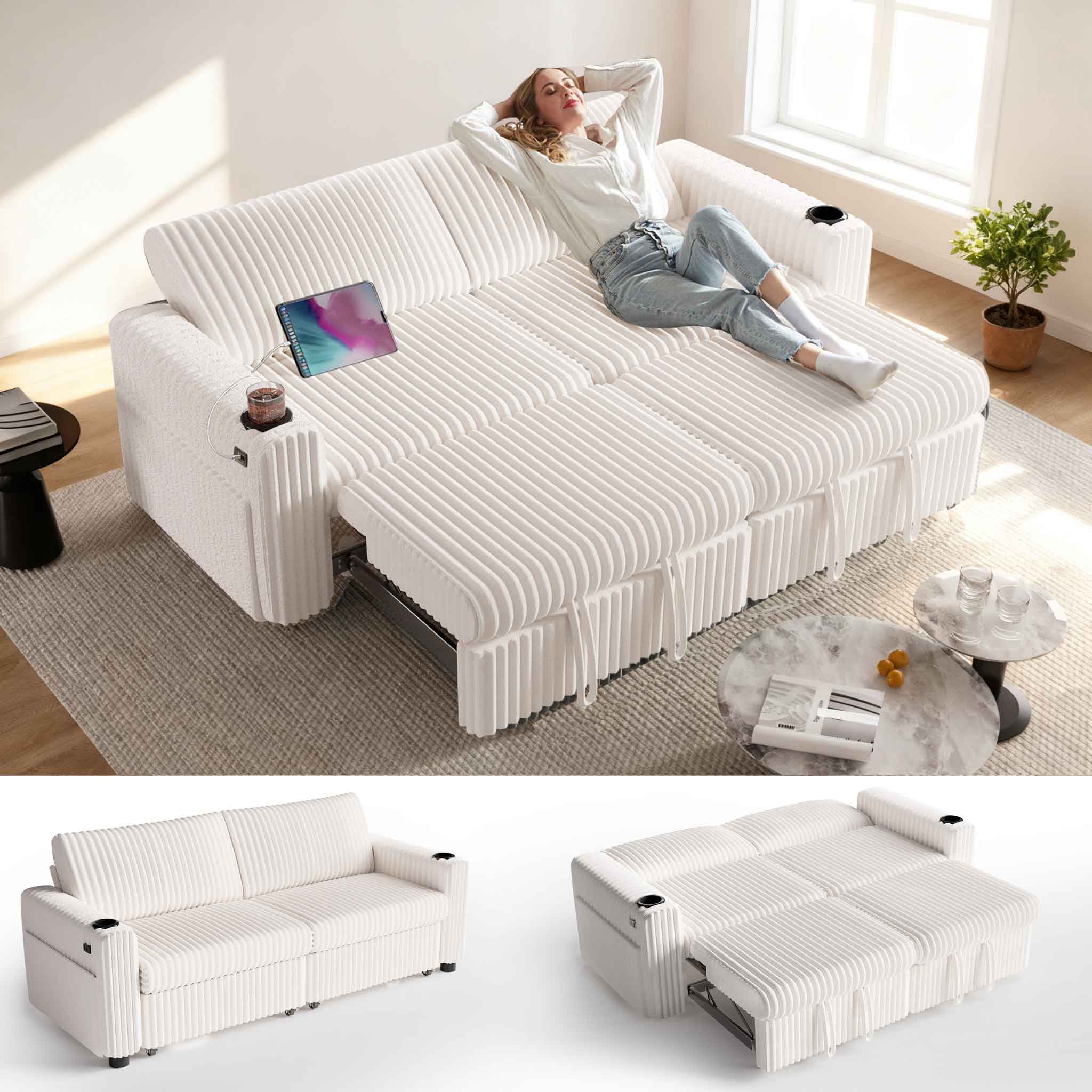 Vipbear - 91" Sectional Sleeper Sofa Bed with Pull Out Bed, L Shaped Couch Sleeper Sofa,Plush Corduroy Beige - Beige